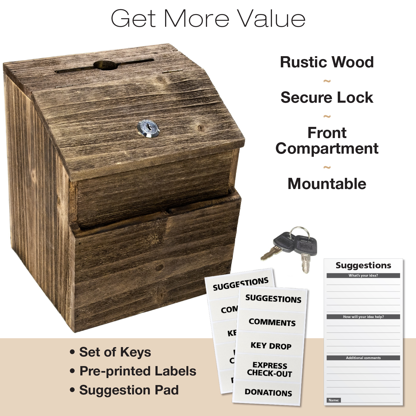 Includes Labels /& Suggestion Pads Cards Rustic Suggestion Box with Lock