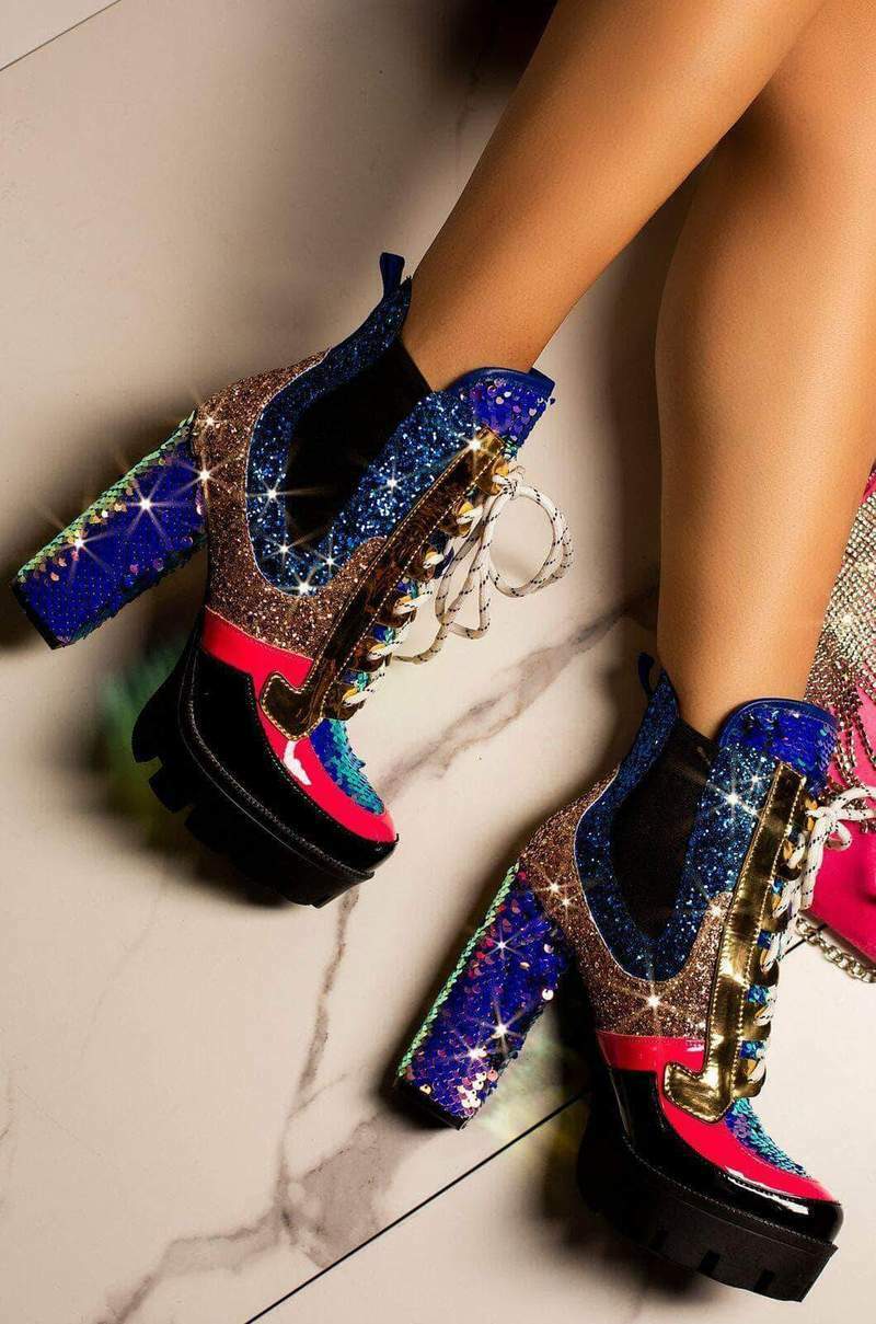 CAPE ROBBIN NELL GLITTER CHUNKY HIGH HEEL PLATFORM LACE UP BOOT MERMAID