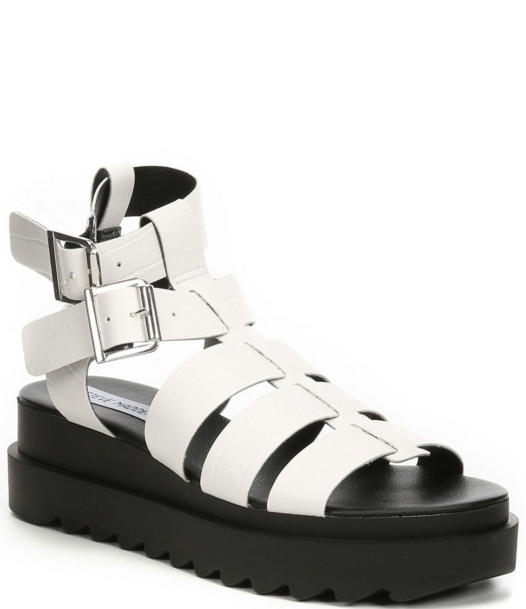 Steve Madden Women's ZEETA Ankle Strap Wedge Sandal, White Croco | eBay