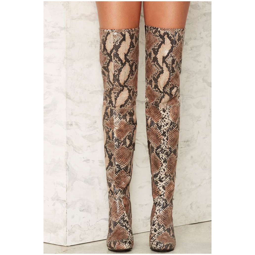 snakeskin thigh high boots chunky heel