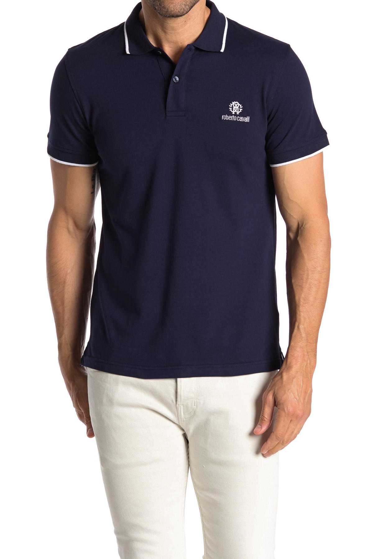 Roberto Cavalli Pipe Trim Short Sleeve Polo Shirt Navy FSR602KB00504926 ...