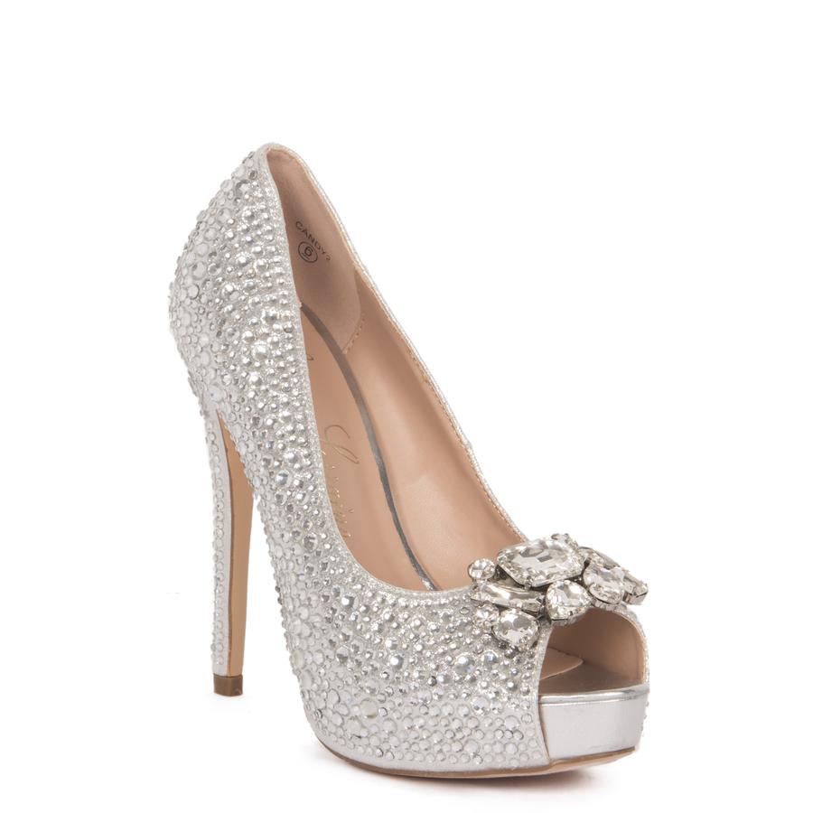 LAUREN LORRAINE Candy Silver Open Toe Platform Rinestone Crystal Slingback Pump