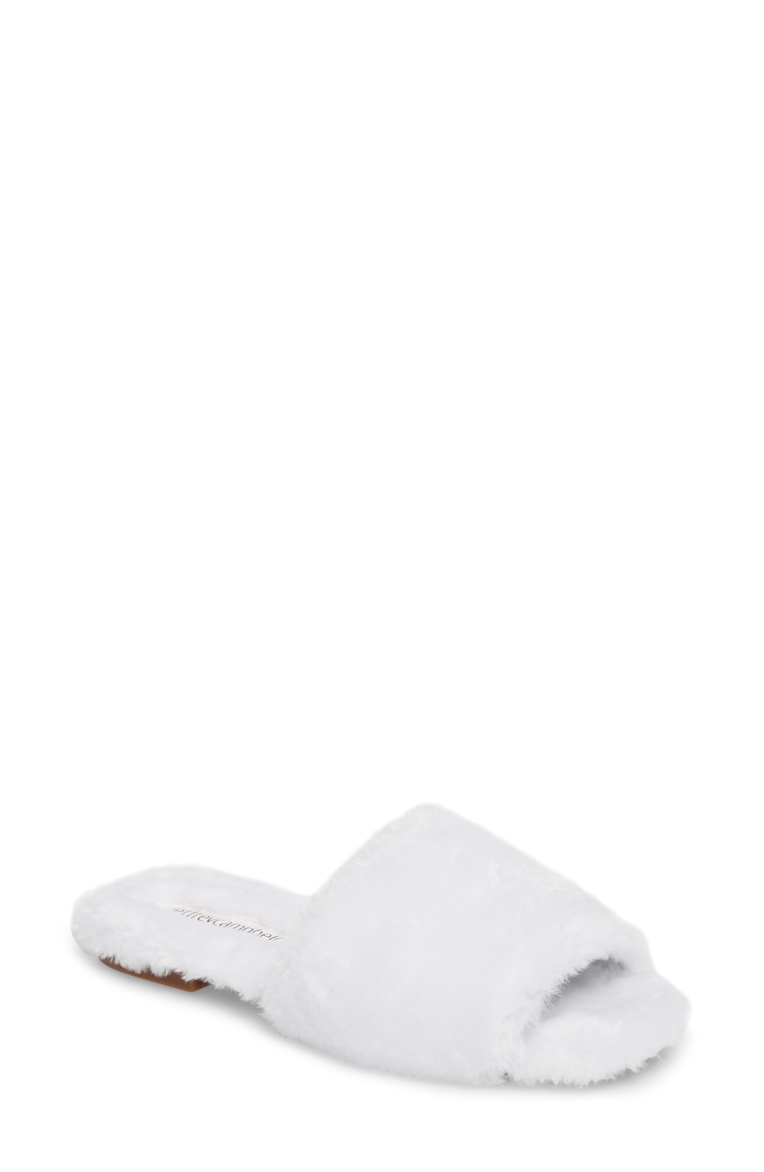 white faux fur slides