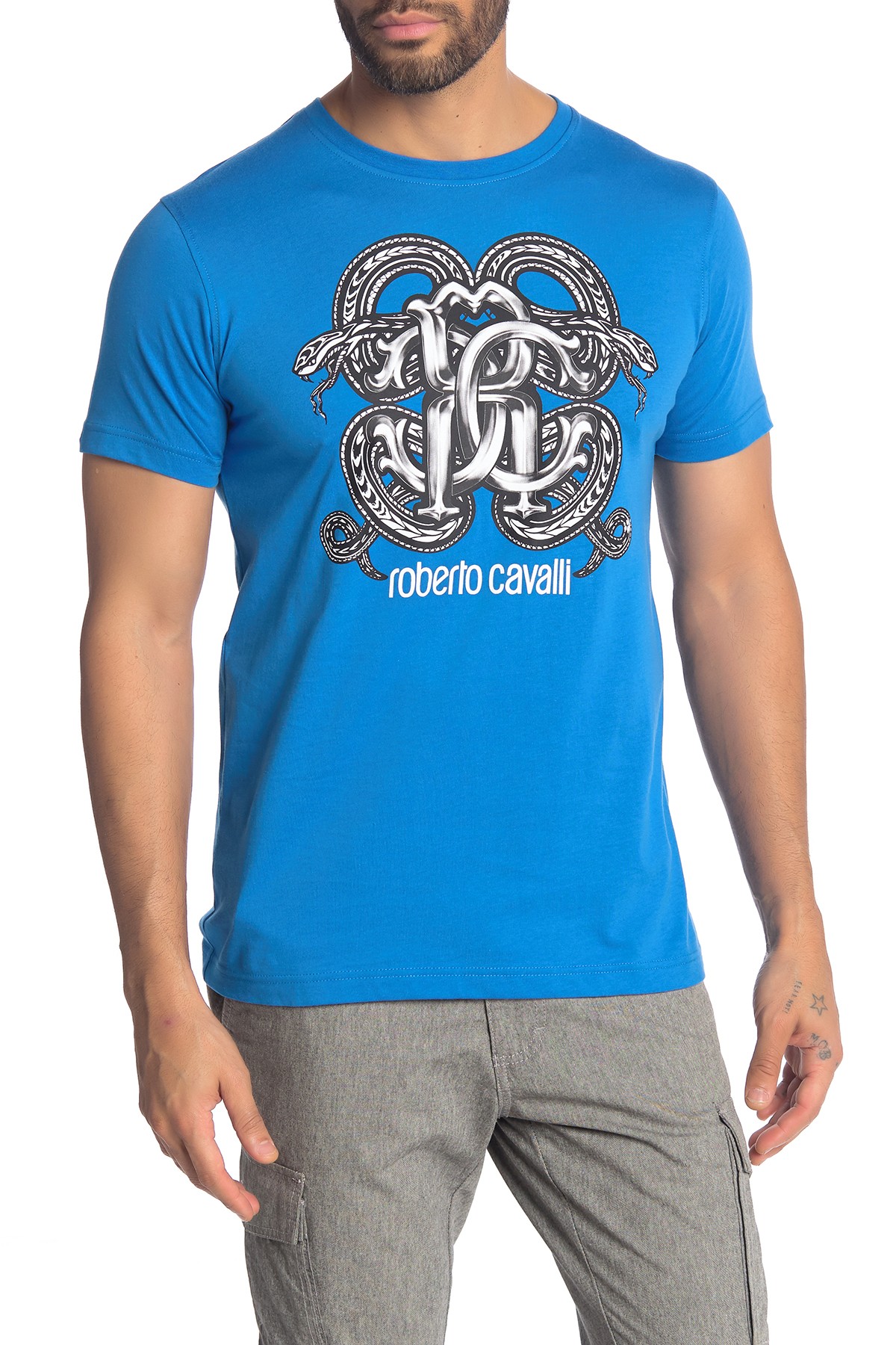 Roberto Cavalli Snake Front Graphic Short Sleeve T-Shirt BLUE ...