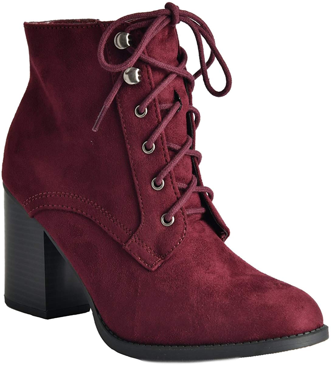 Soda Women's Block Heel Closed Toe Booties Vino Burgundy Lace Up Ankle ...