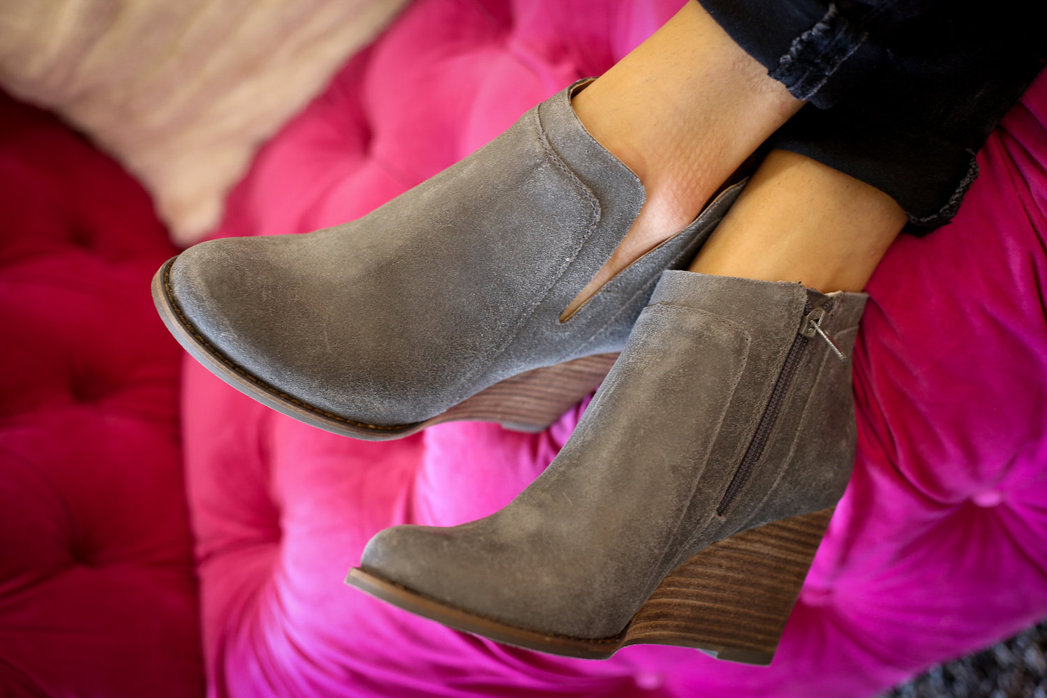 grey leather wedge boots