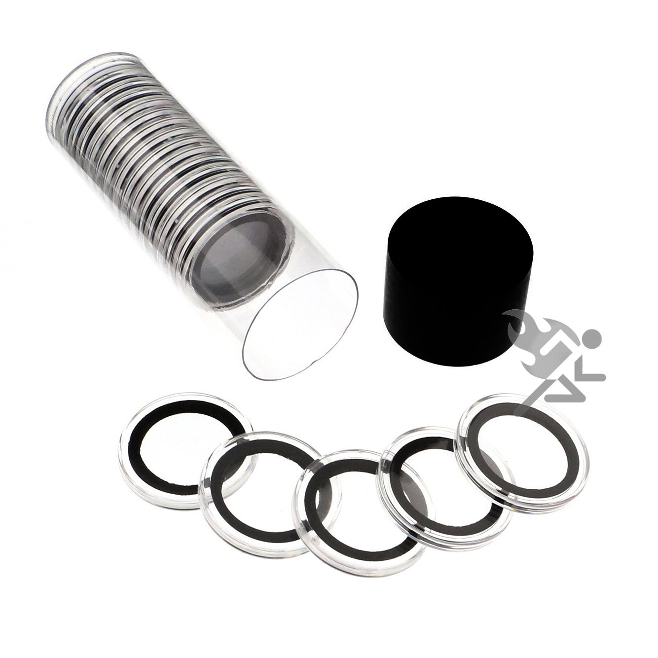 Black Lid Capsule Tube /& 15 Air-Tite X39mm Black Ring Coin Holders