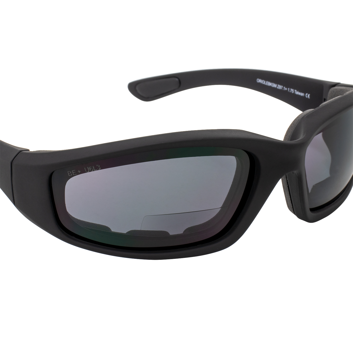 Birdz Eyewear Oriole Padded Safety Bifocal Motorcycle Glasses Black Frame Smoke Lenses 1.75 Magnification Carry Bag