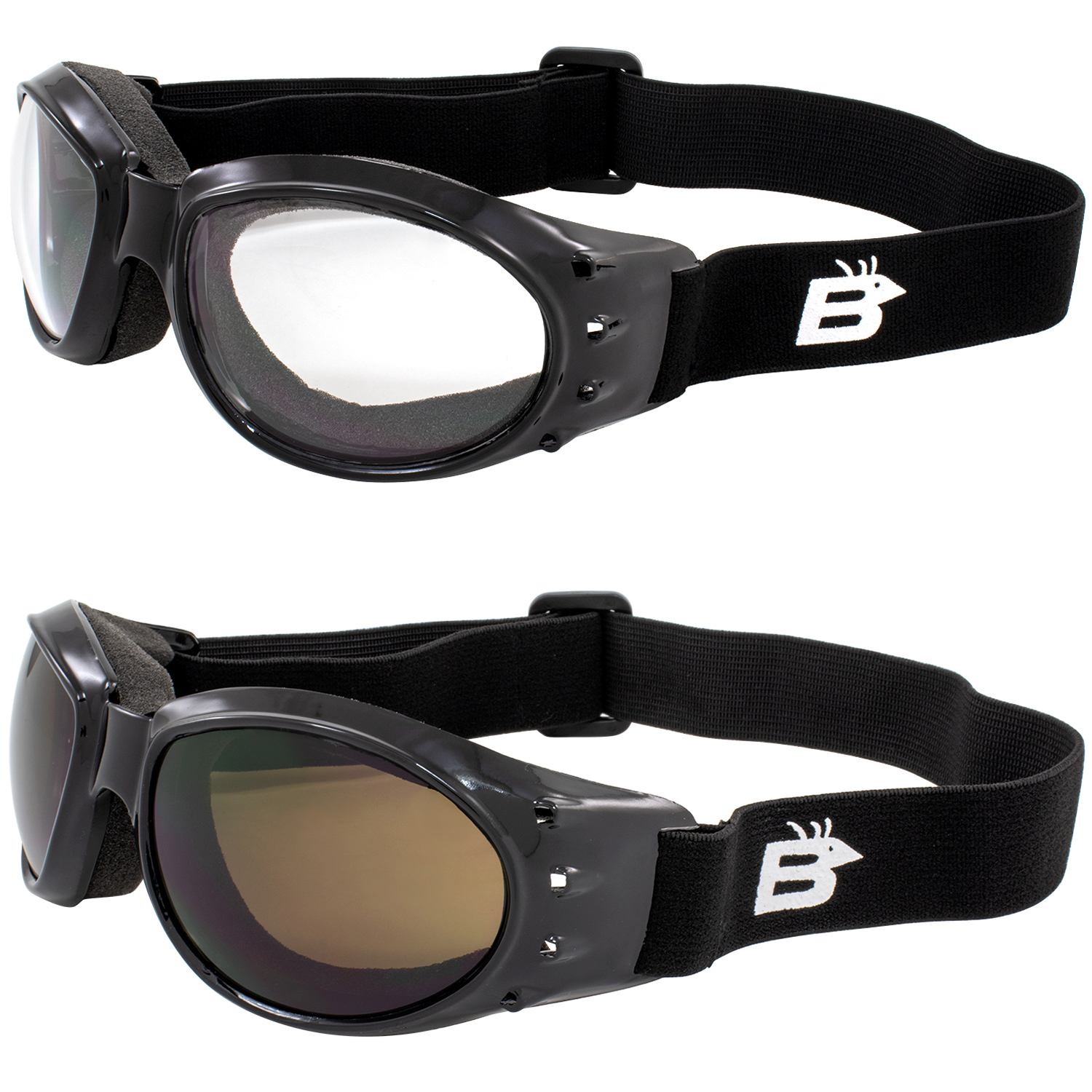 2 Birdz Eagle Motorcycle Goggles Padded Black Frames Clear & Amber Lenses - Bild 1 von 9