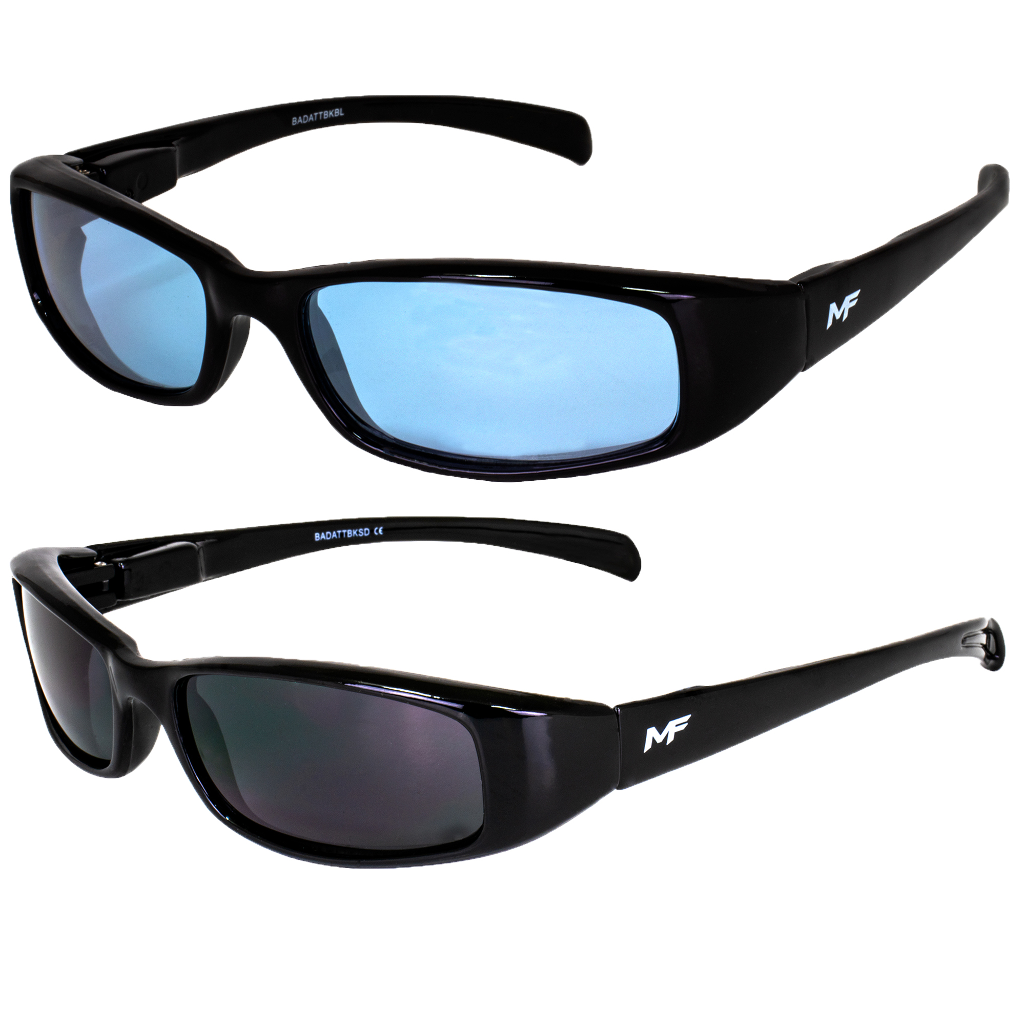 2 Pairs MF Eyewear Bad Attitude Sunglasses Black Frame w/ Super Dark & Blue Lens