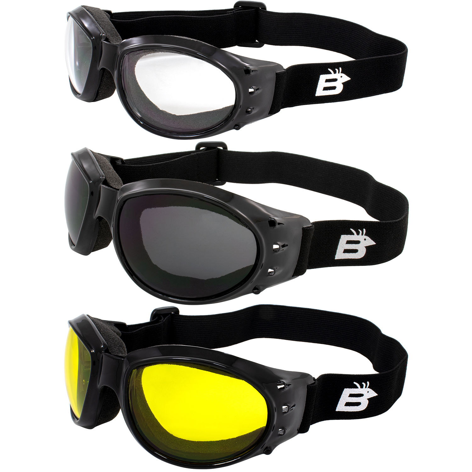 3 Birdz Eagle gepolsterte Motorradbrille klare rauchfarbene & gelbe Gläser jedes Wetter - Bild 1 von 9