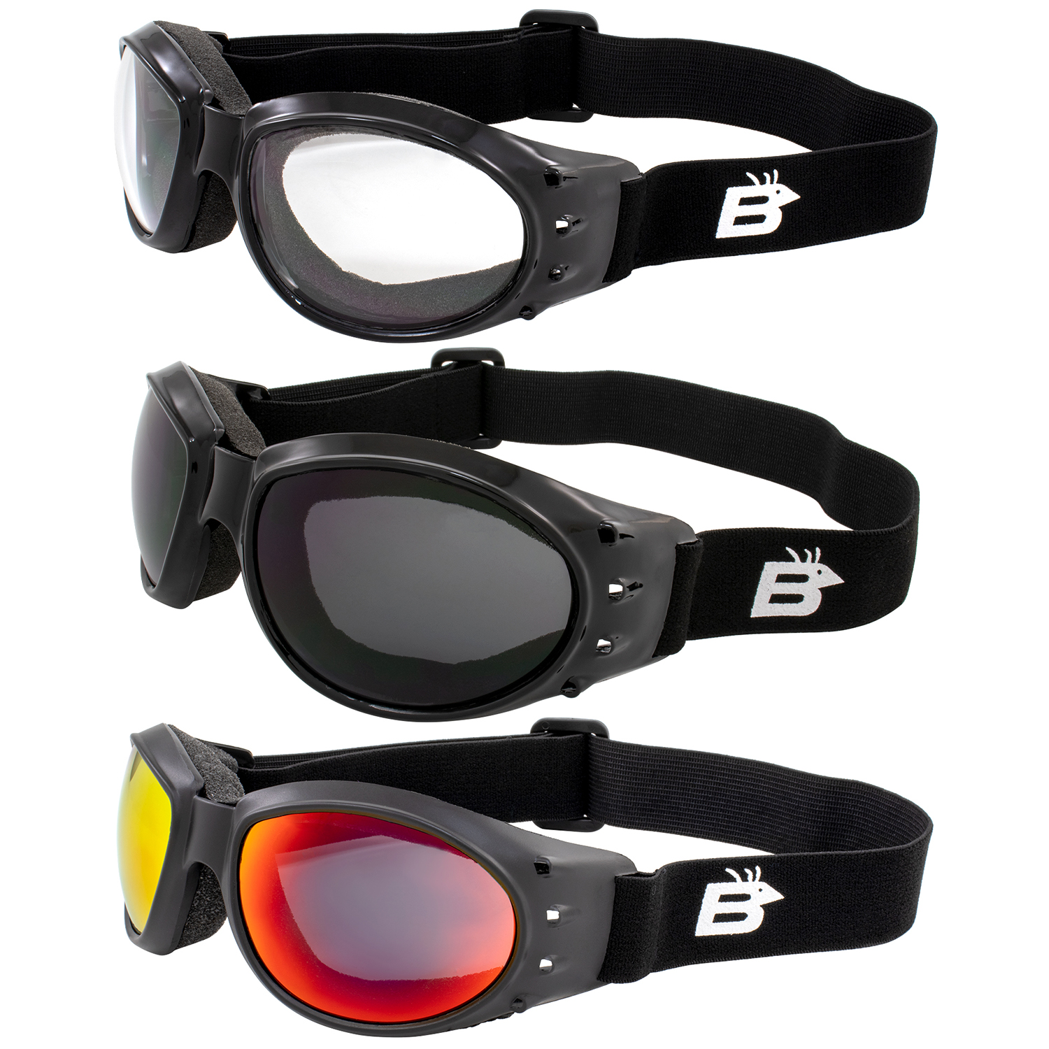 4 Birdz Motorcycle Goggles Black Frames with Clear Smoke Yellow & Amber Lenses