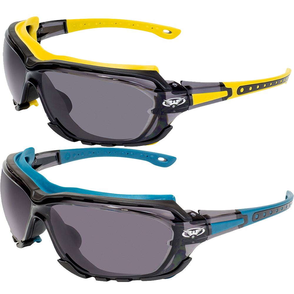 2 Pairs of Global Vision Octane Safety Glasses Yellow + Blue Gaskets Smoke Lens