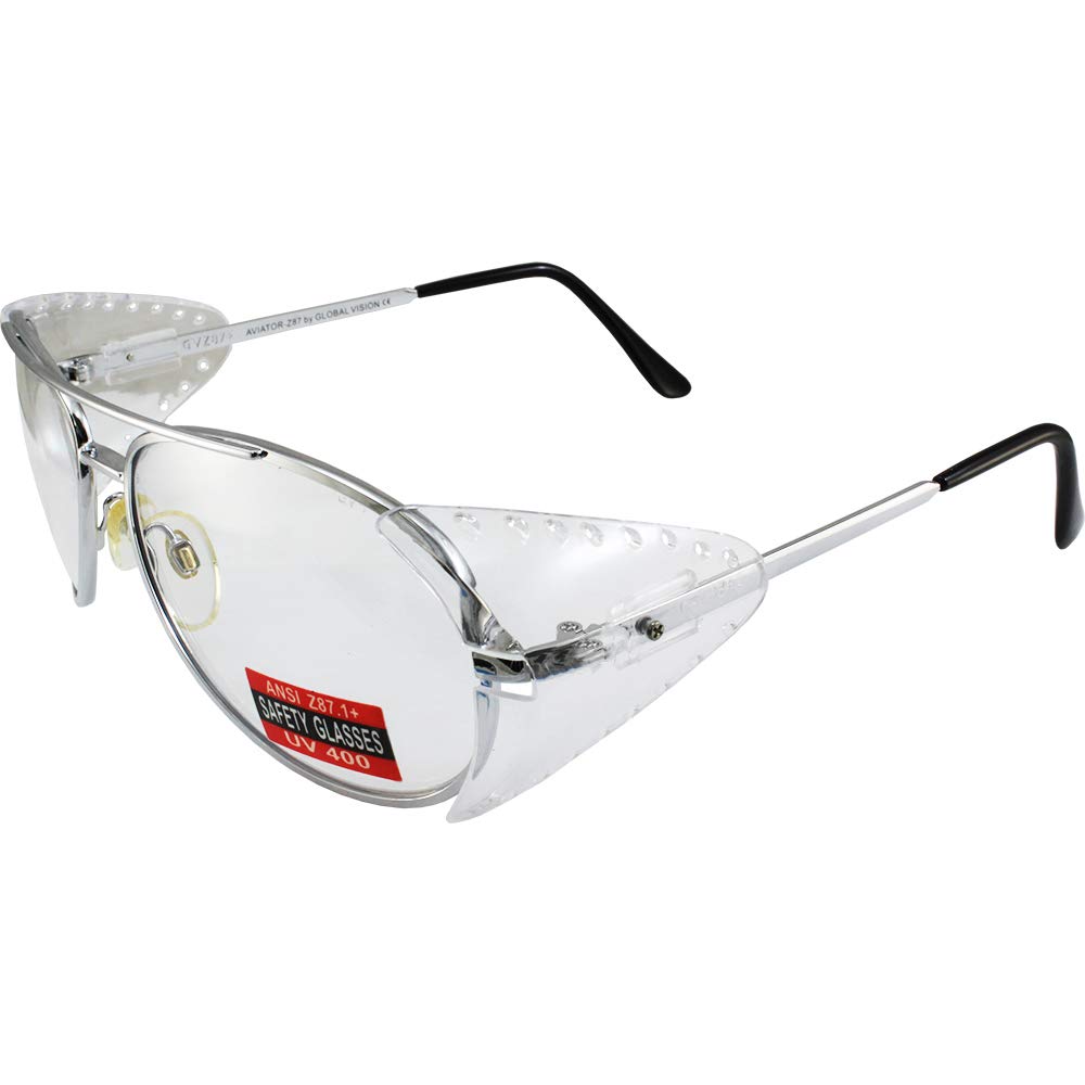 Global Vision Aviator-Z87 Klar Mit Seitenschutz Silber Metall Sicherheit Brille 