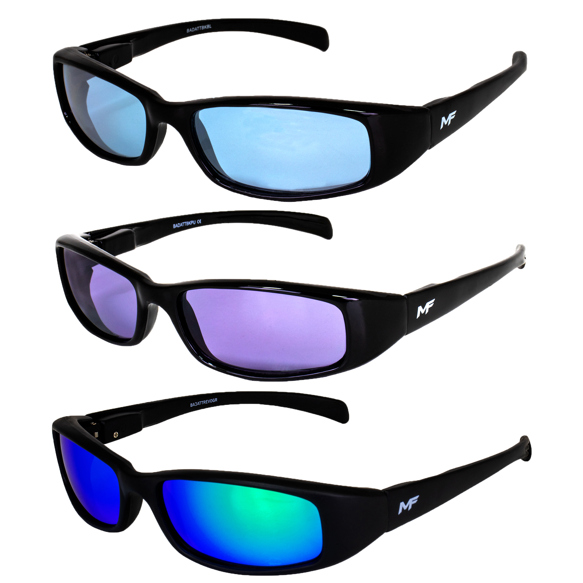 3 Pairs of MF Eyewear Bad Attitude Sunglasses Black w/ Blue Purple & Green Lens