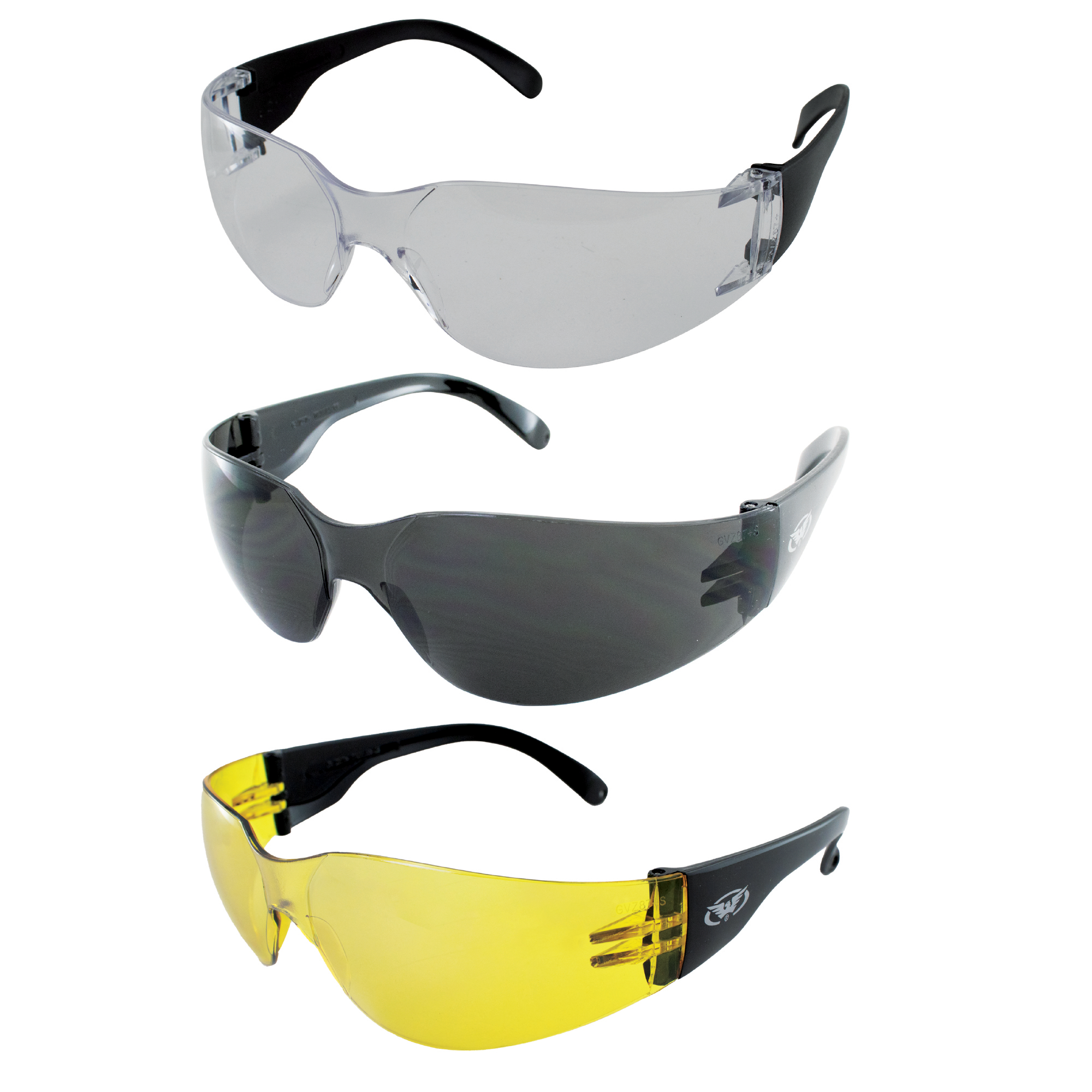 3 Pairs Global Vision Rider Safety Motorcycle Glasses Yellow Clear Smoke pouches