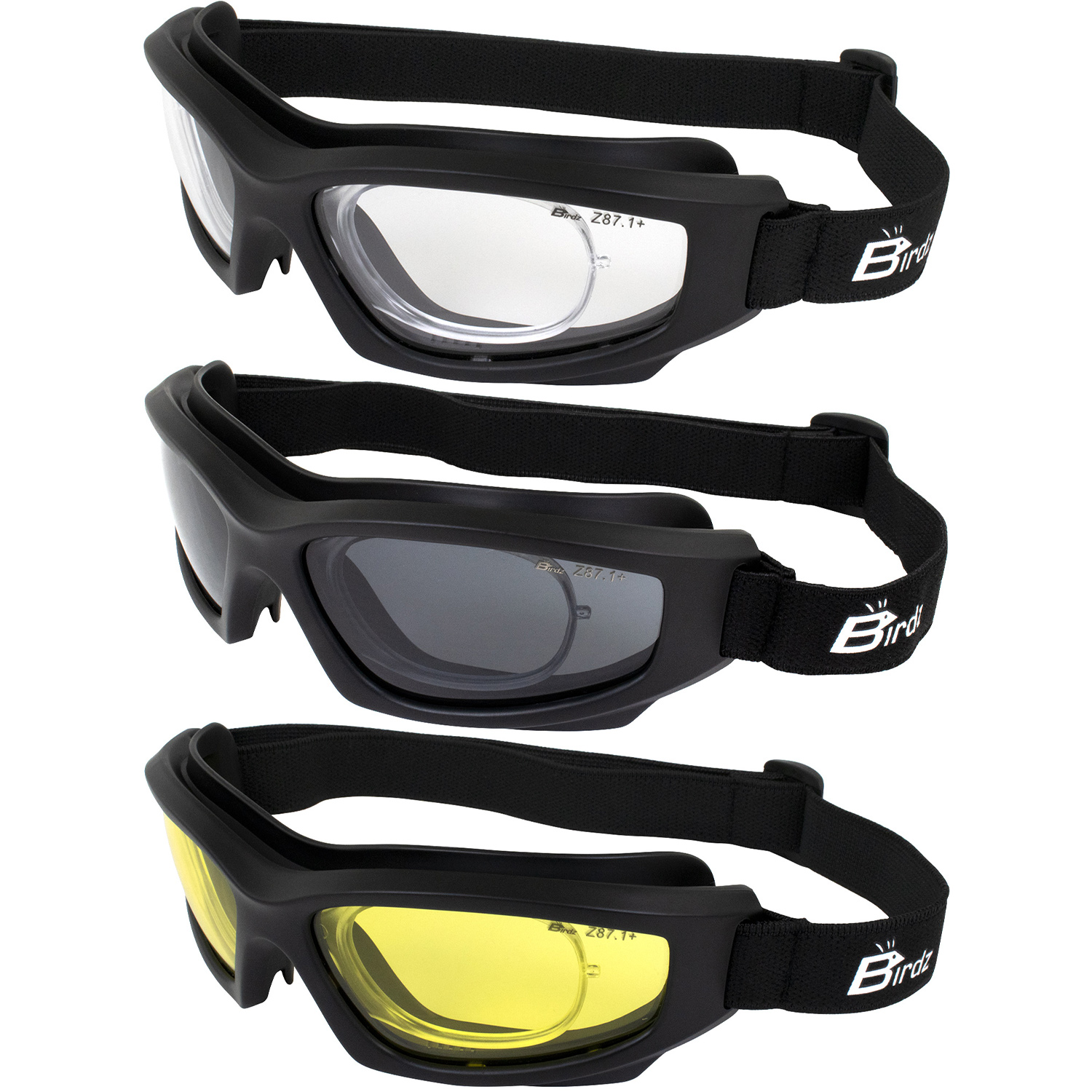 3 Birdz Flyer Skydiving Motorcycle Goggles Clear Smoke Yellow Lens & Rx Adaptor - Bild 1 von 9