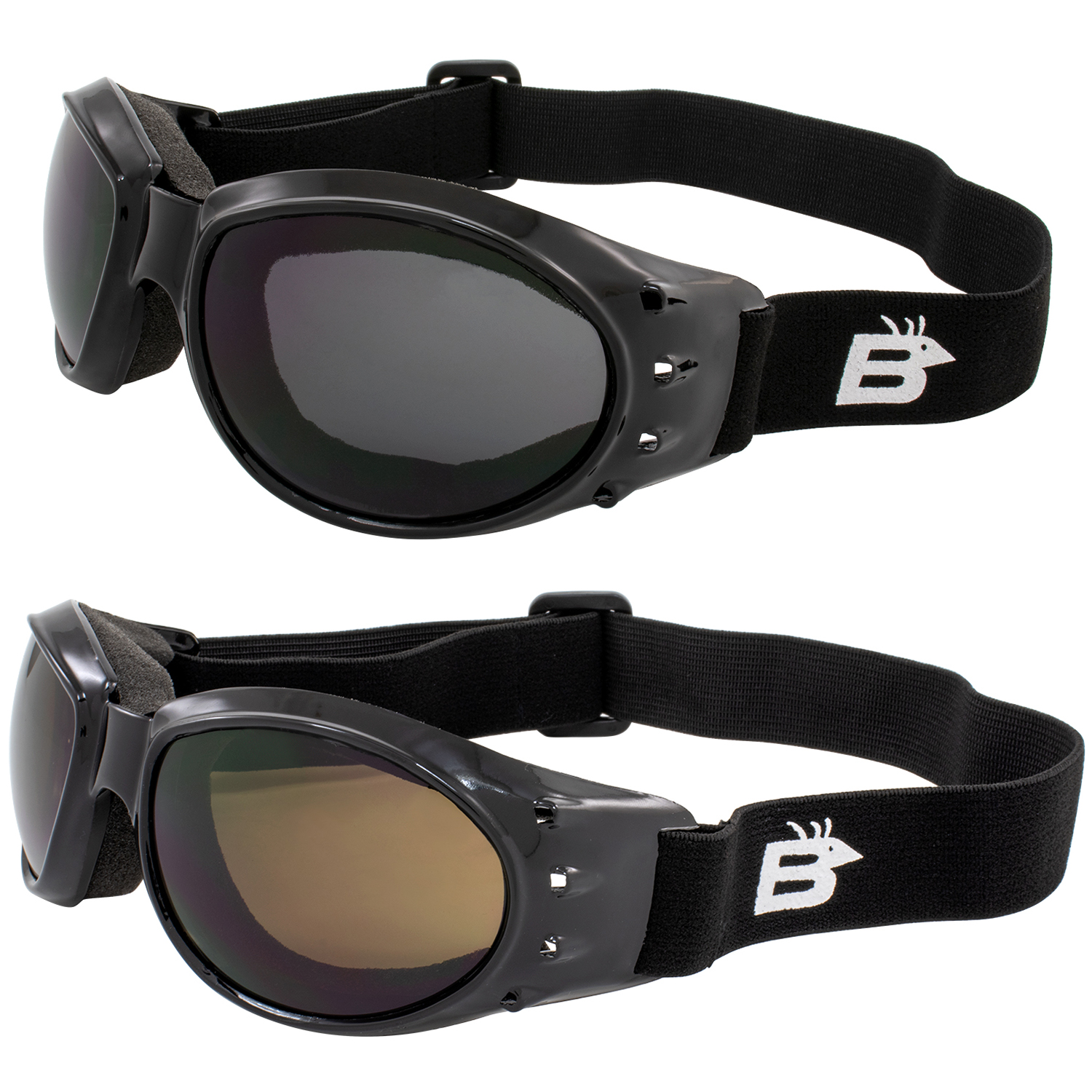 2 Birdz Black Padded Motorcycle Sports Goggles Smoke & Amber Lenses