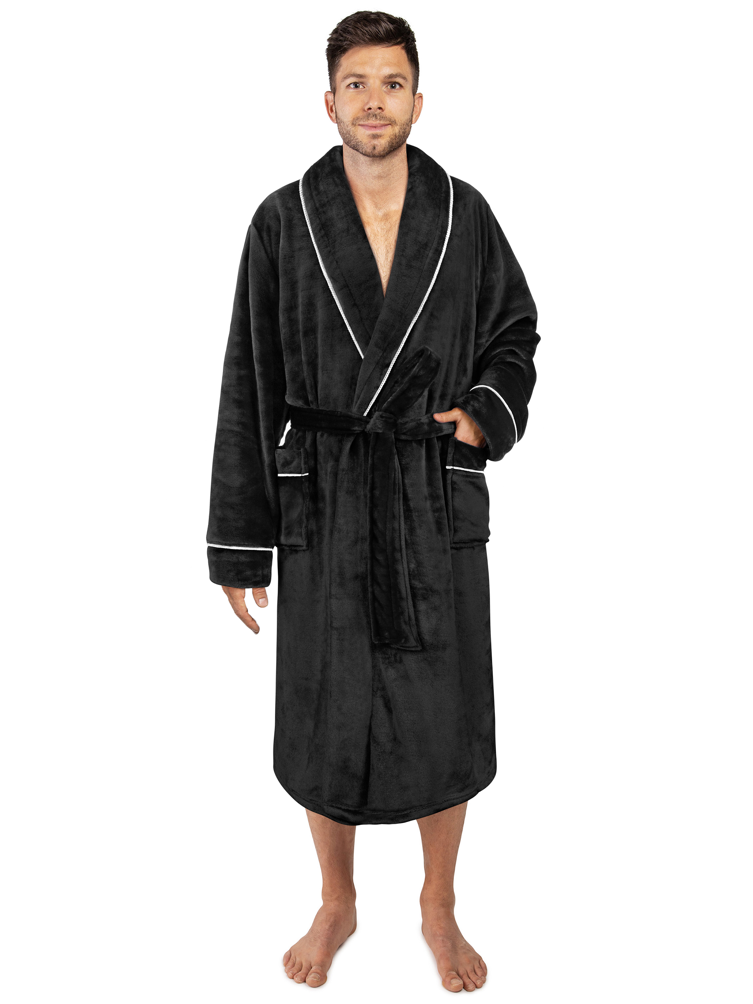 Latitude Run® Men's Shawl Collar Warm And Soft Fleece Robe Lightweight Long  Bathrobe With Hood RHM2759 Black