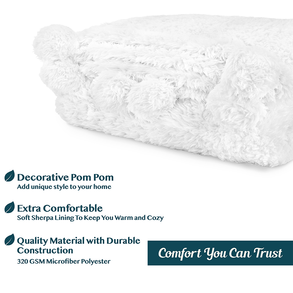 Soft Fuzzy Cozy Pom Pom Throw Blanket with Fluffy Sherpa Fleece for Sofa Couch - Picture 96 of 100