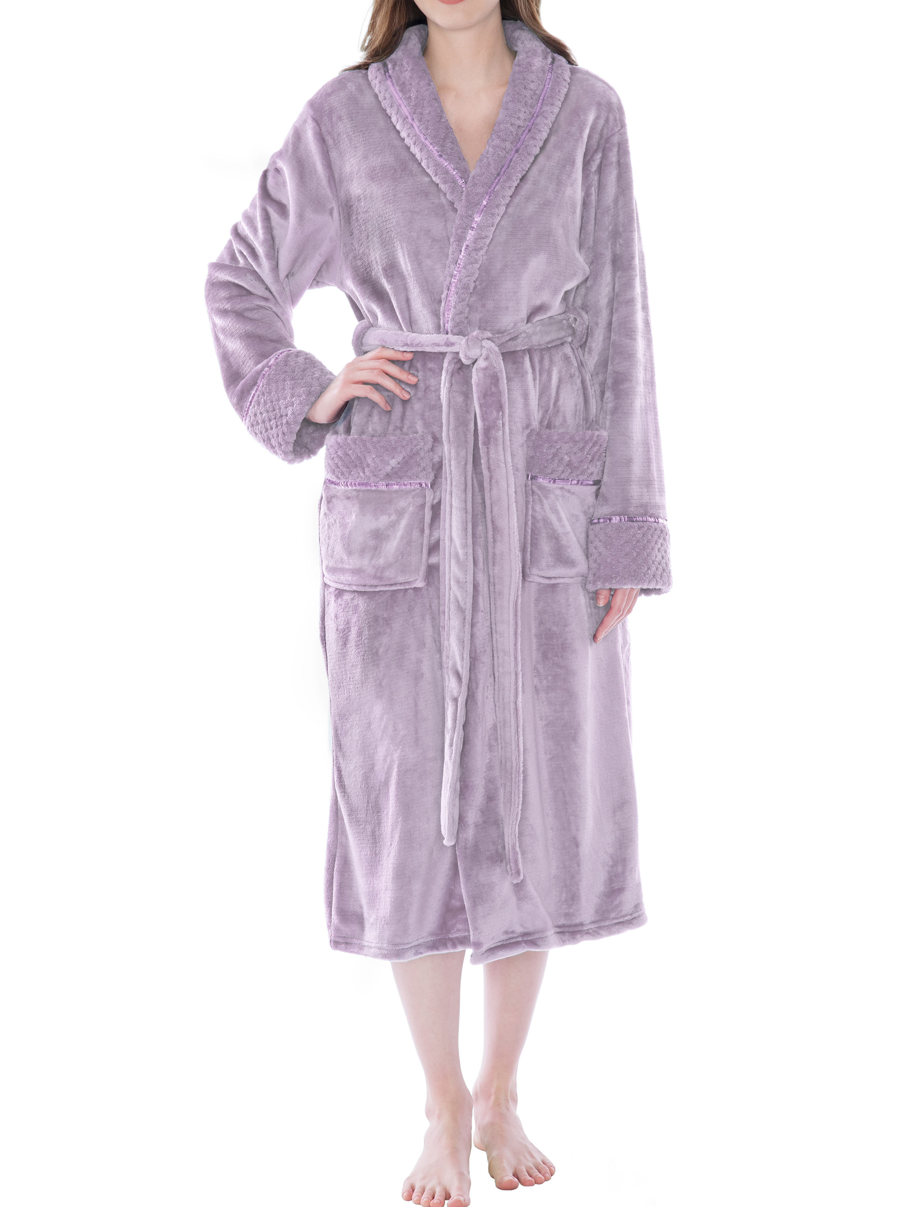 Womens Fleece Robe with Waffle Trim Plush Soft Warm Long Spa Night Bathrobe Lady