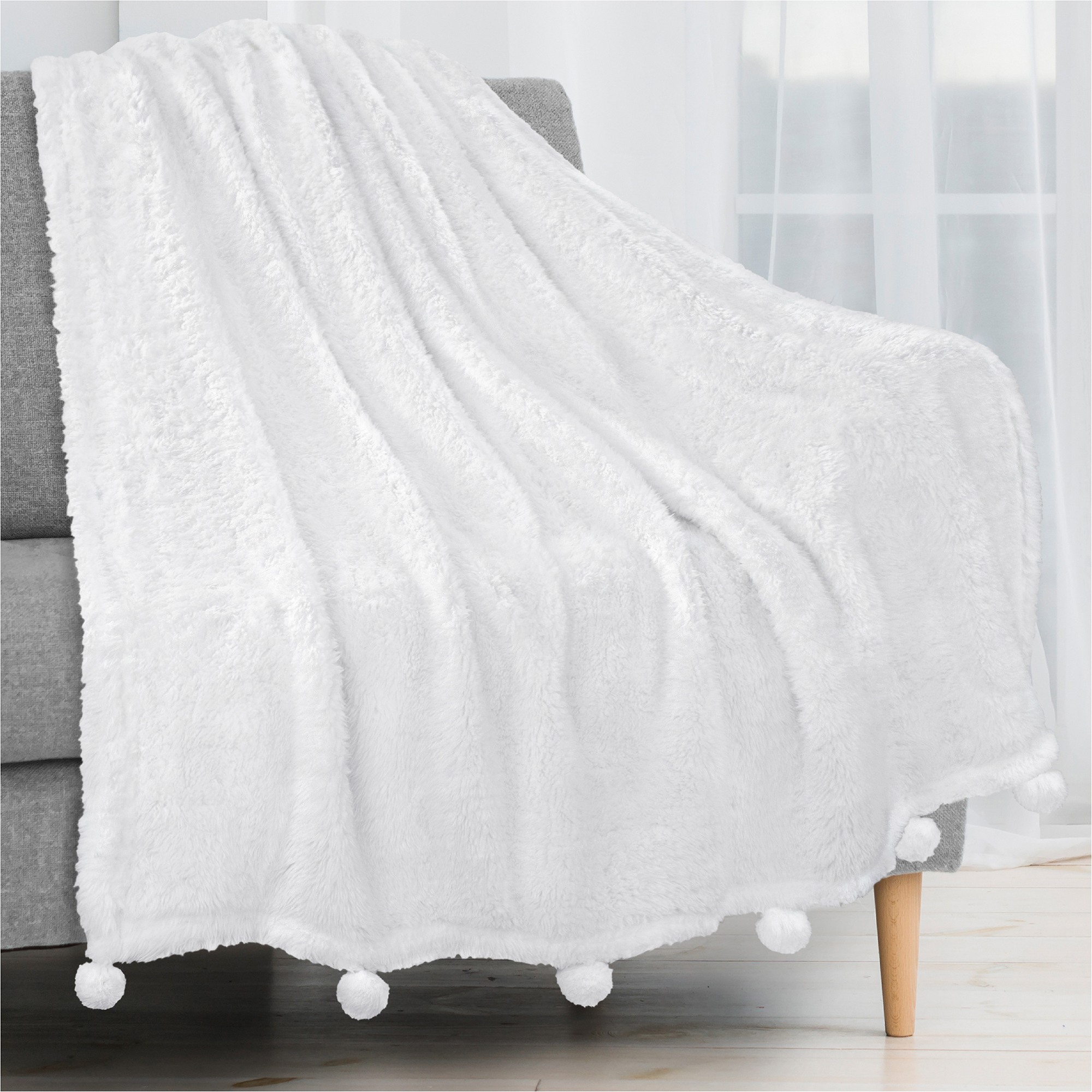 Soft Fuzzy Cozy Pom Pom Throw Blanket with Fluffy Sherpa Fleece for Sofa Couch - Picture 92 of 100
