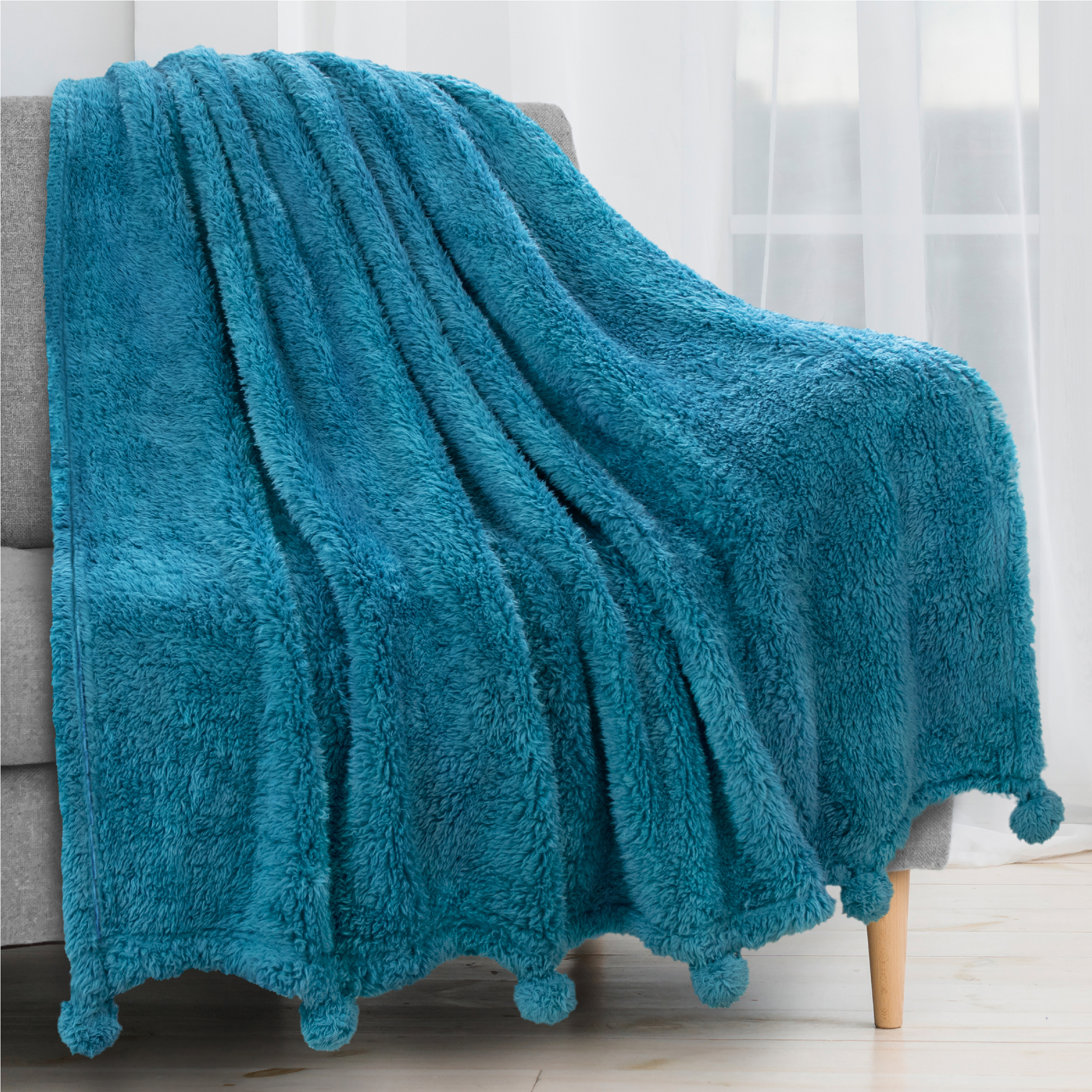 Soft Fuzzy Cozy Pom Pom Throw Blanket with Fluffy Sherpa Fleece for Sofa Couch - Picture 82 of 100