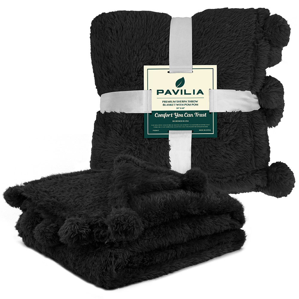 Soft Fuzzy Cozy Pom Pom Throw Blanket with Fluffy Sherpa Fleece for Sofa Couch - Picture 8 of 100