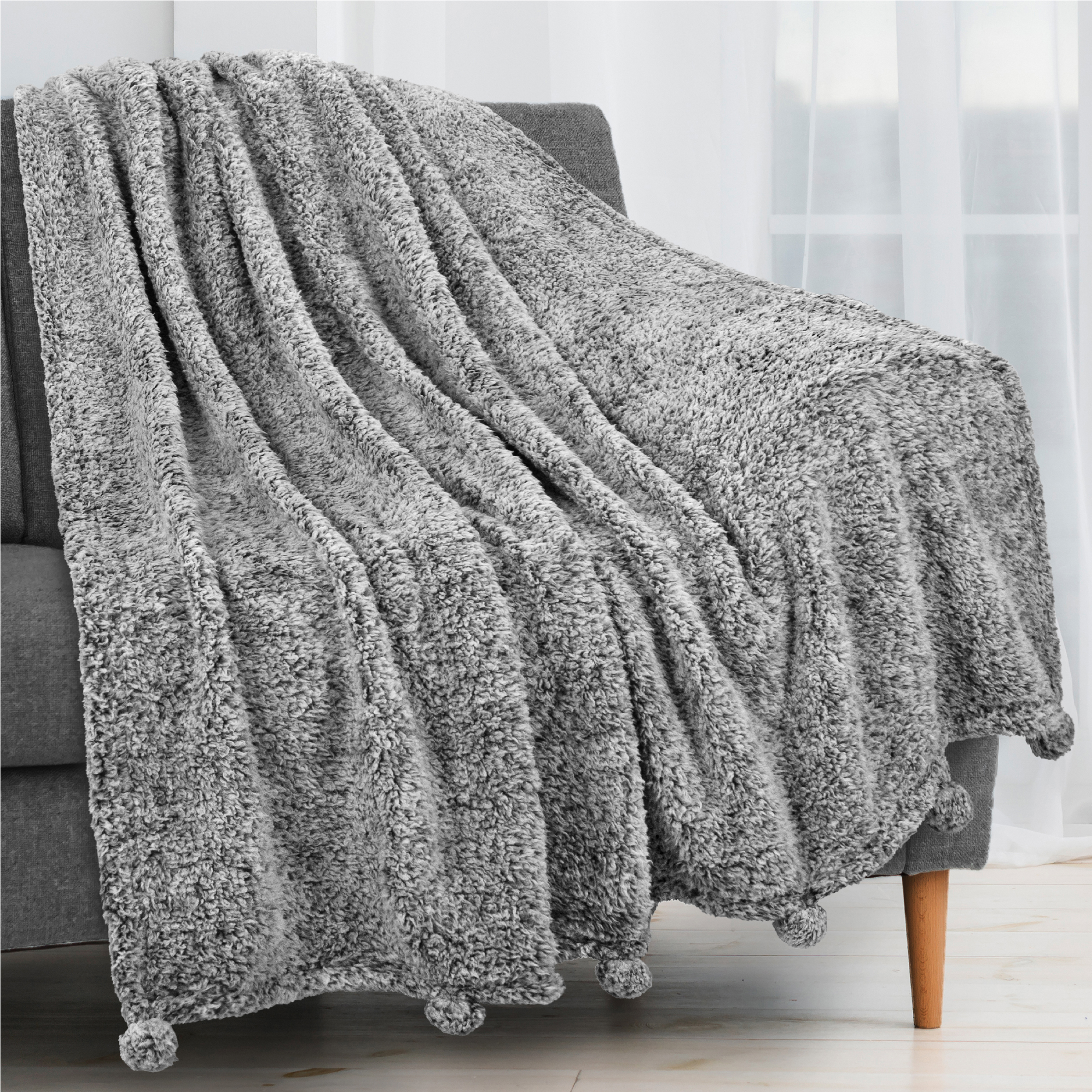 Soft Fuzzy Cozy Pom Pom Throw Blanket with Fluffy Sherpa Fleece for Sofa Couch - Picture 34 of 100