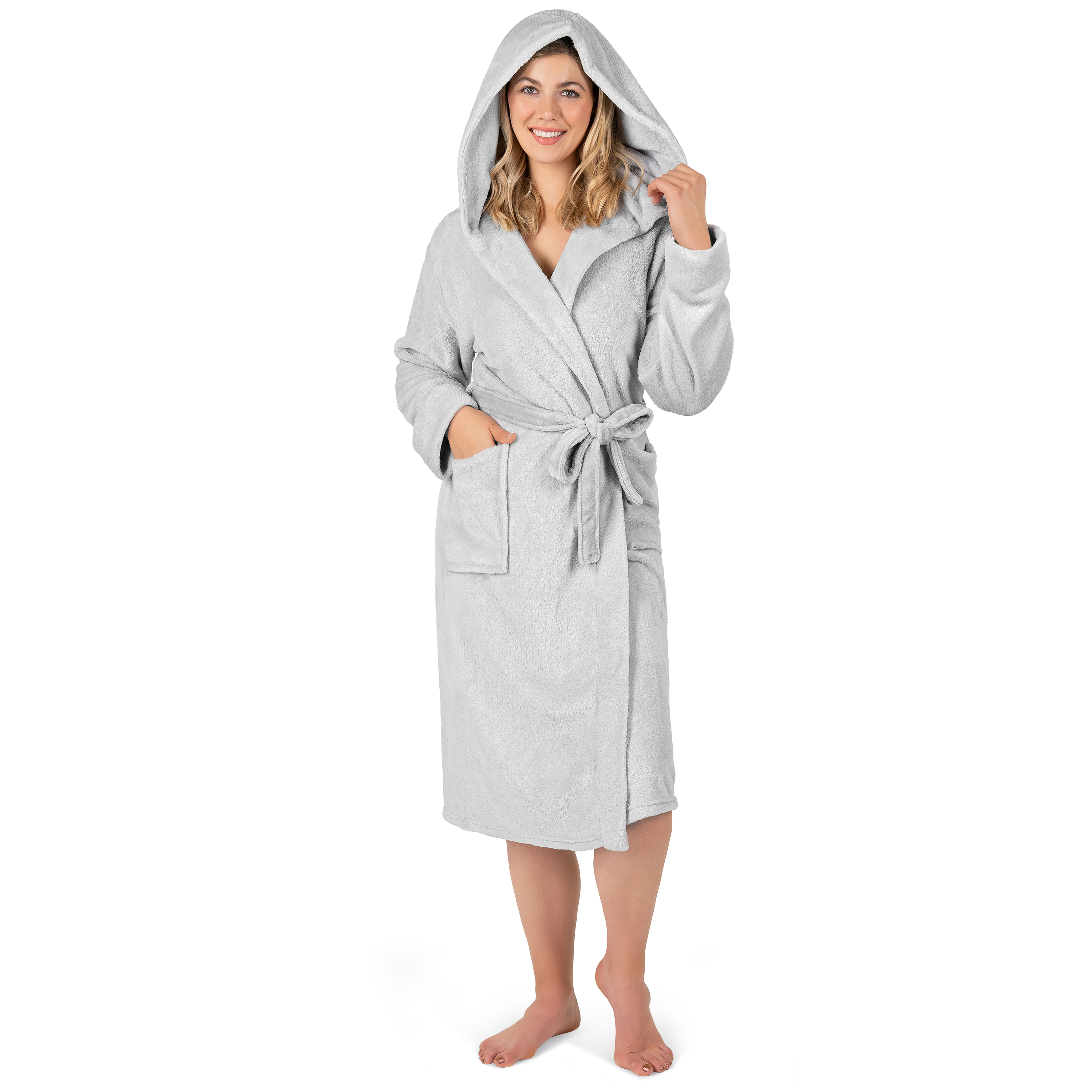 Womens Robe with Hood Fleece Plush Soft Long Hooded Robe Bathrobe for Spa Bath