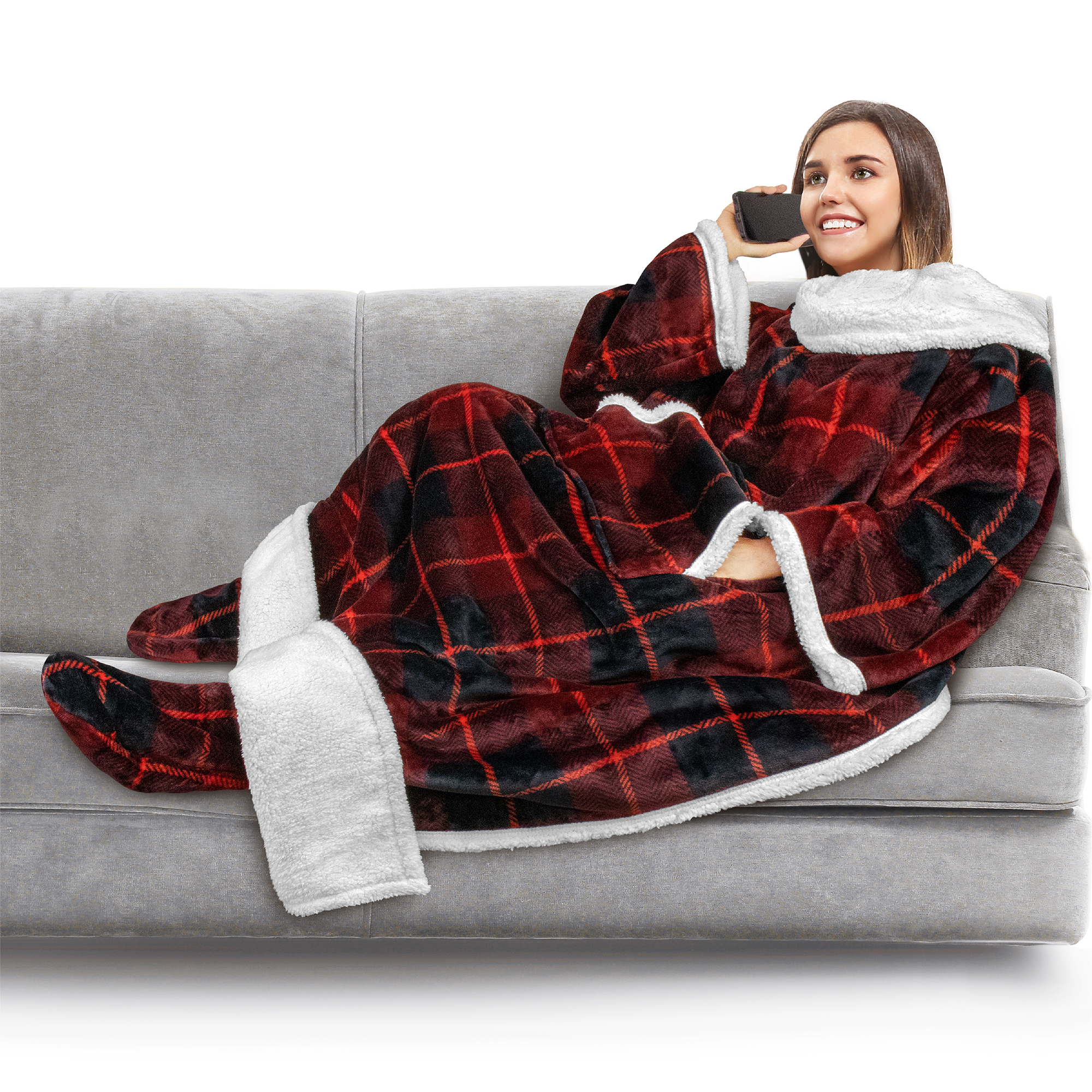 Wearable Blanket with Sleeves Food Pocket Sherpa Lined Soft TV Throw Wrap  Snuggy