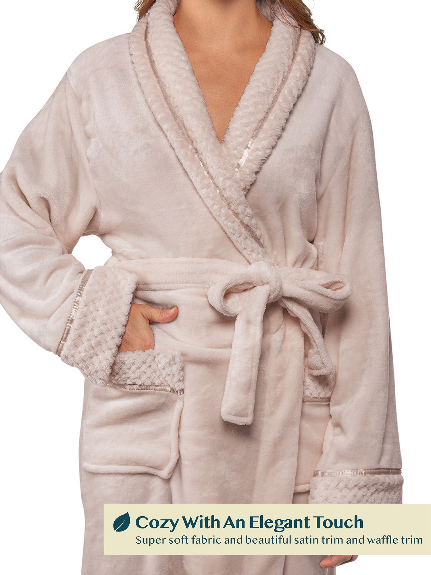 Womens Fleece Robe with Waffle Trim Plush Soft Warm Long Spa Night Bathrobe Lady