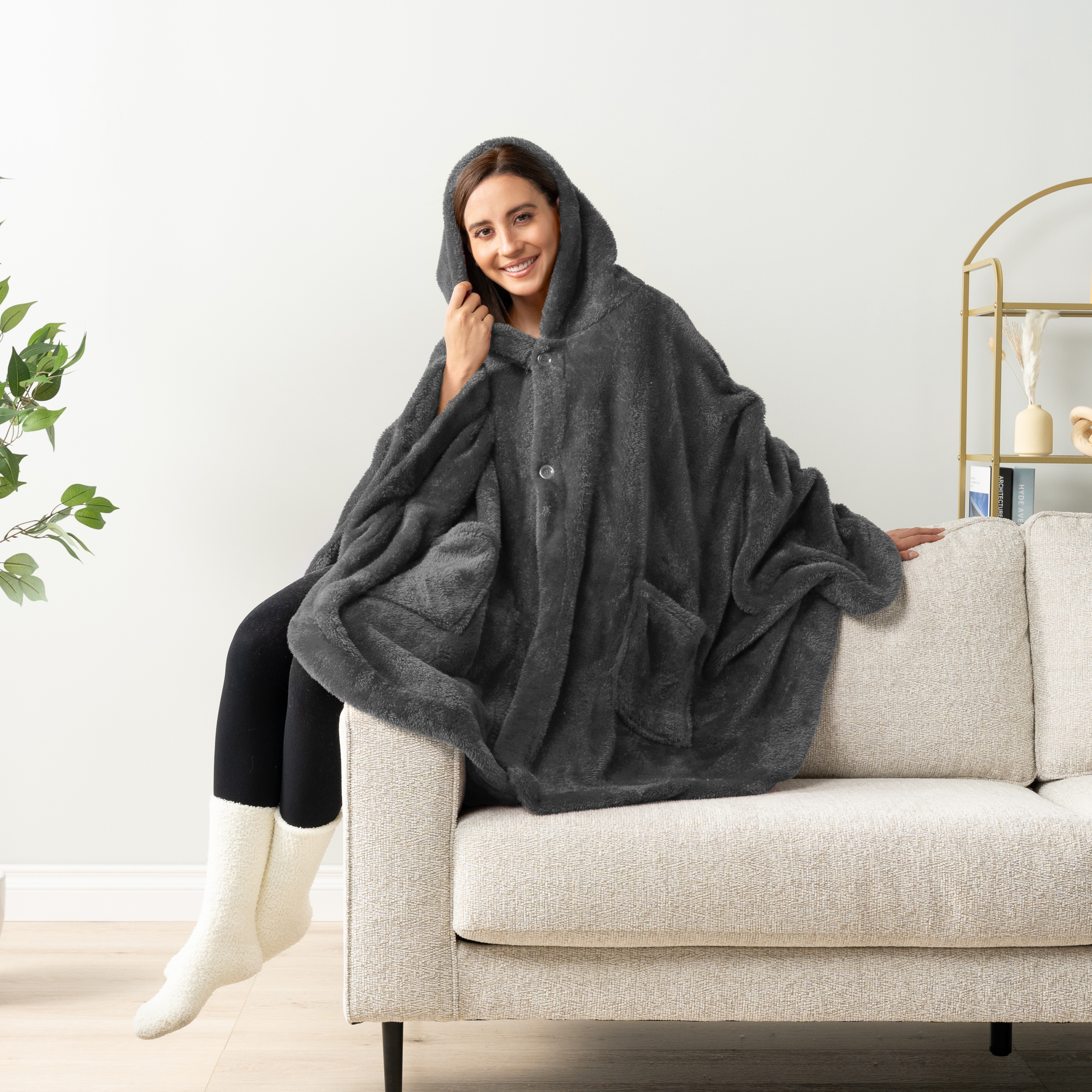 Poncho Manta con Capucha Usable Mantón Envoltura Capucha Bolsillos Suave Esponjoso Regalo - Imagen 22 de 81