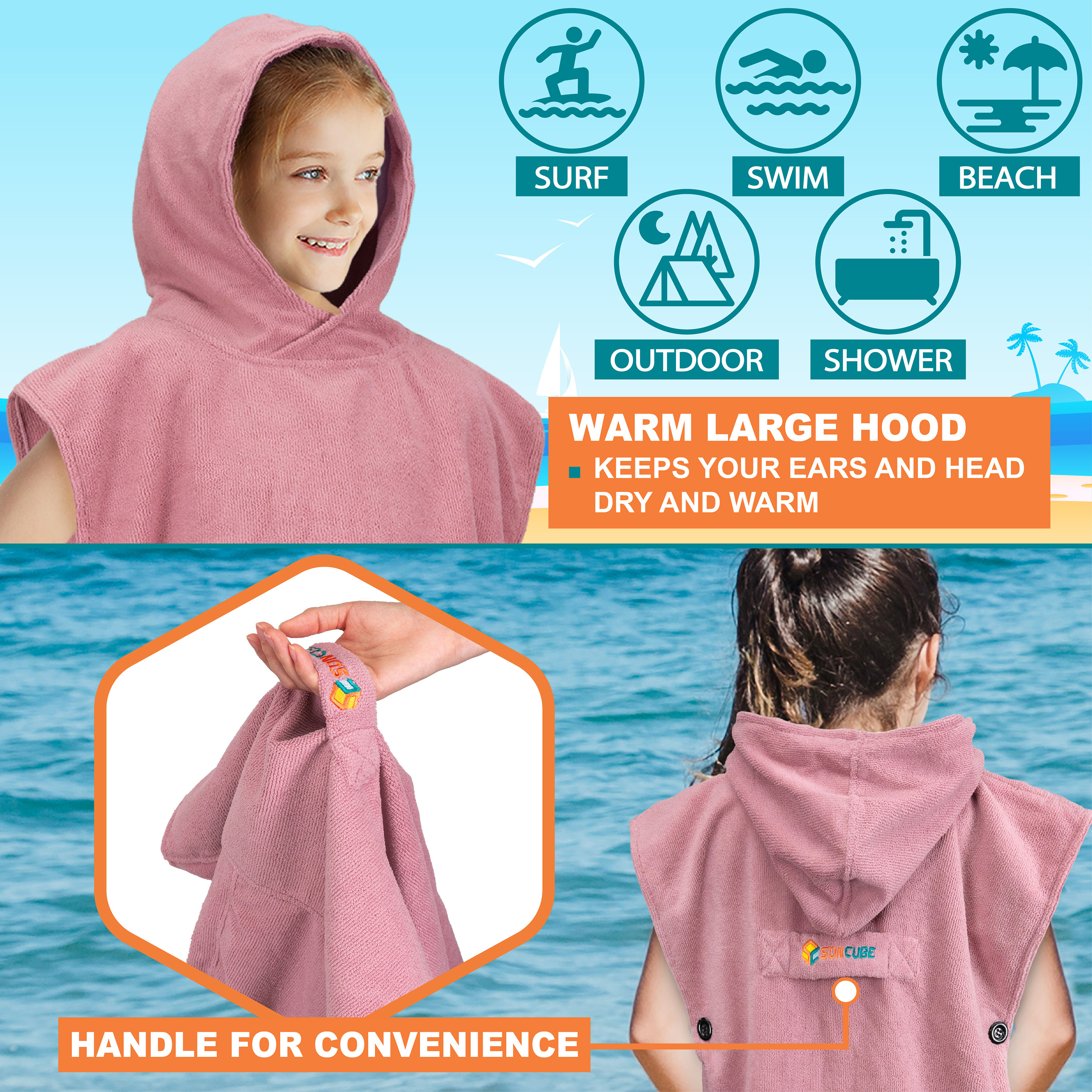 Kids Swim Poncho Hooded Towel Changing Robe for Swim Bath Towel 3-8 Boys Girls - Picture 53 of 71
