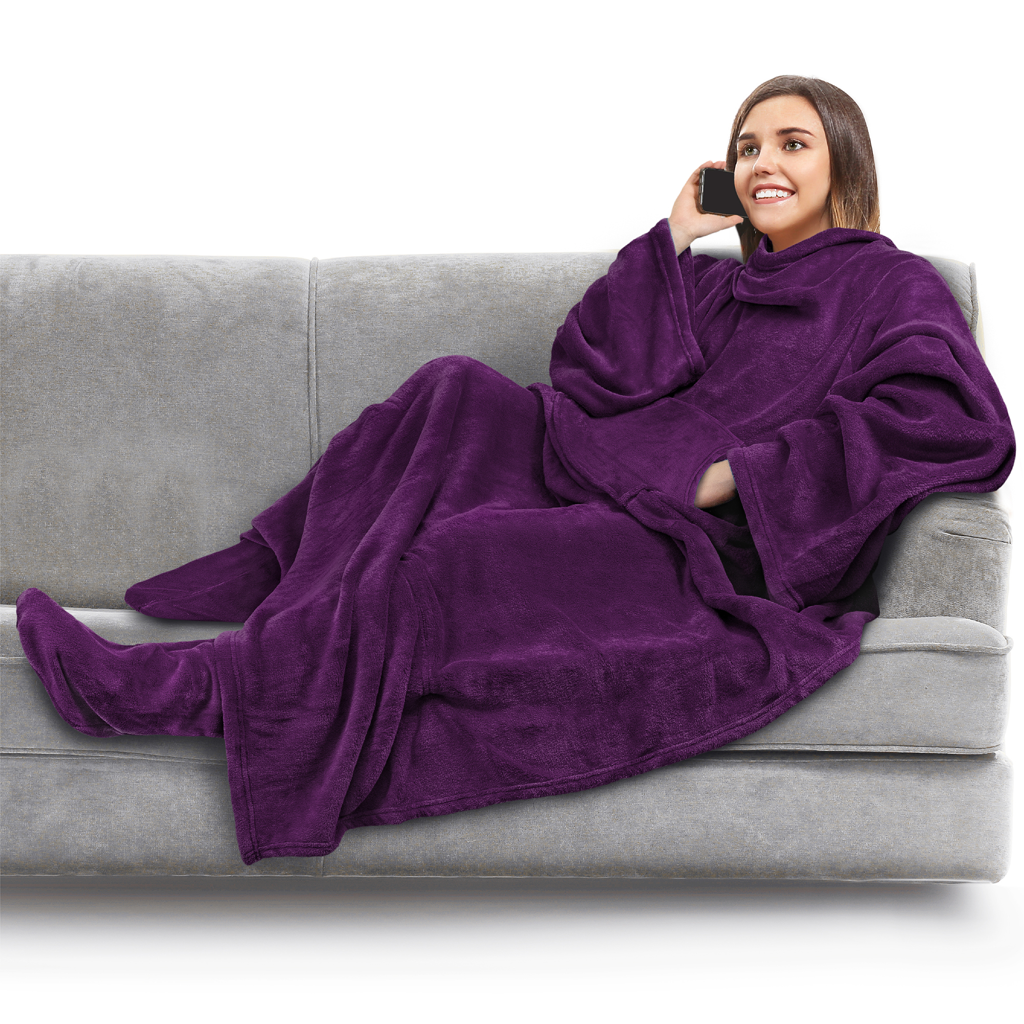 Tragbare Decke mit Fußtasche Ärmel Weich Fleece Wickel Sofa Couch TV Geschenke - Bild 133 von 192