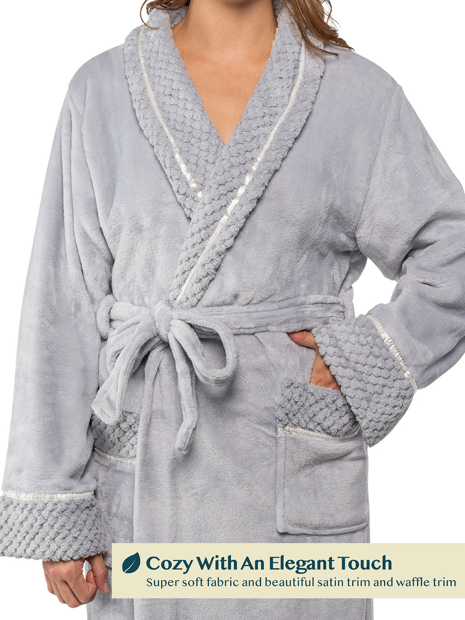 Womens Fleece Robe with Waffle Trim Plush Soft Warm Long Spa Night Bathrobe Lady