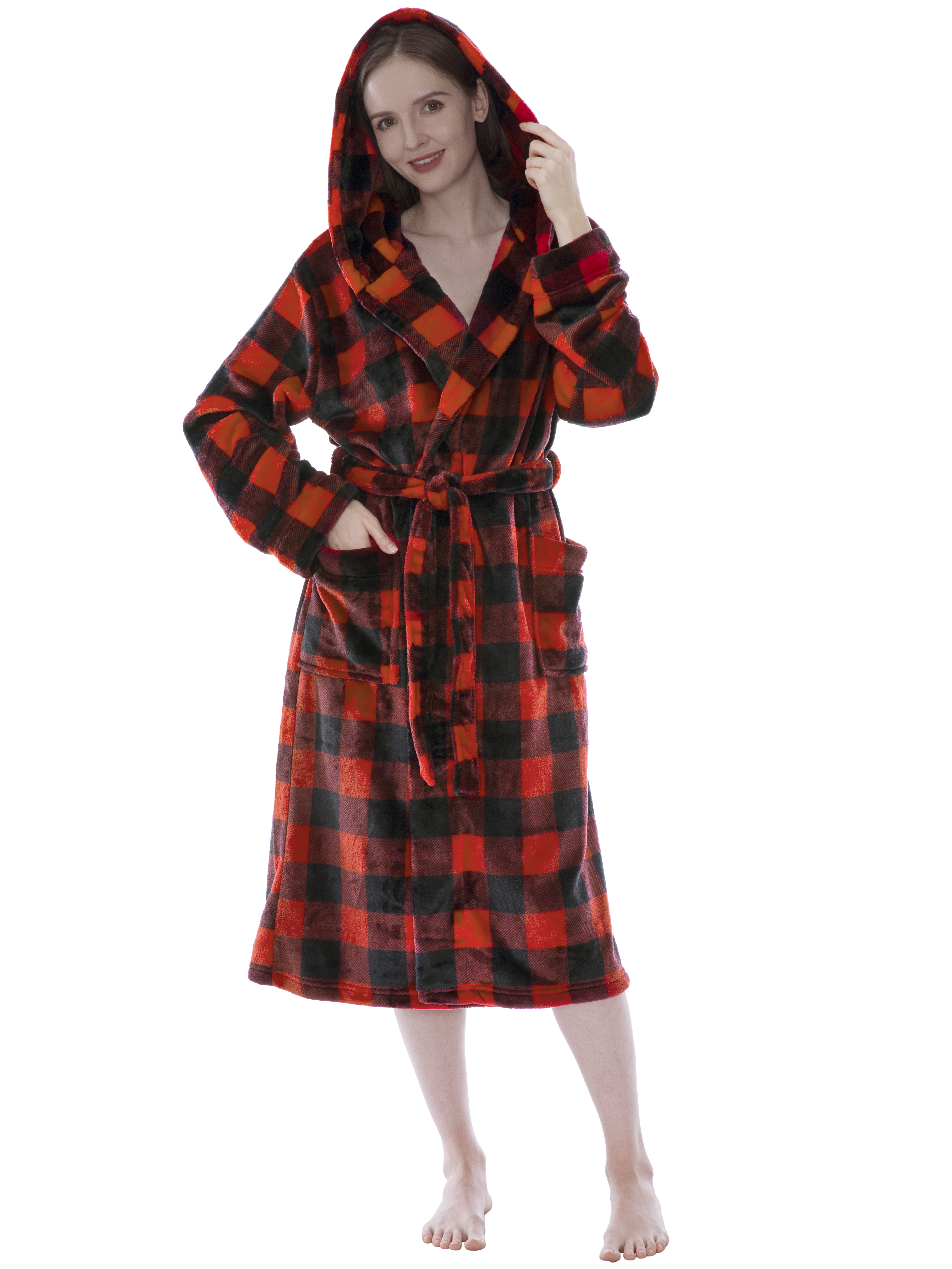 Womens Fleece Hooded Robe Plush Warm Red Buffalo Plaid Bathrobe Bath Robe Hood - Picture 2 of 8