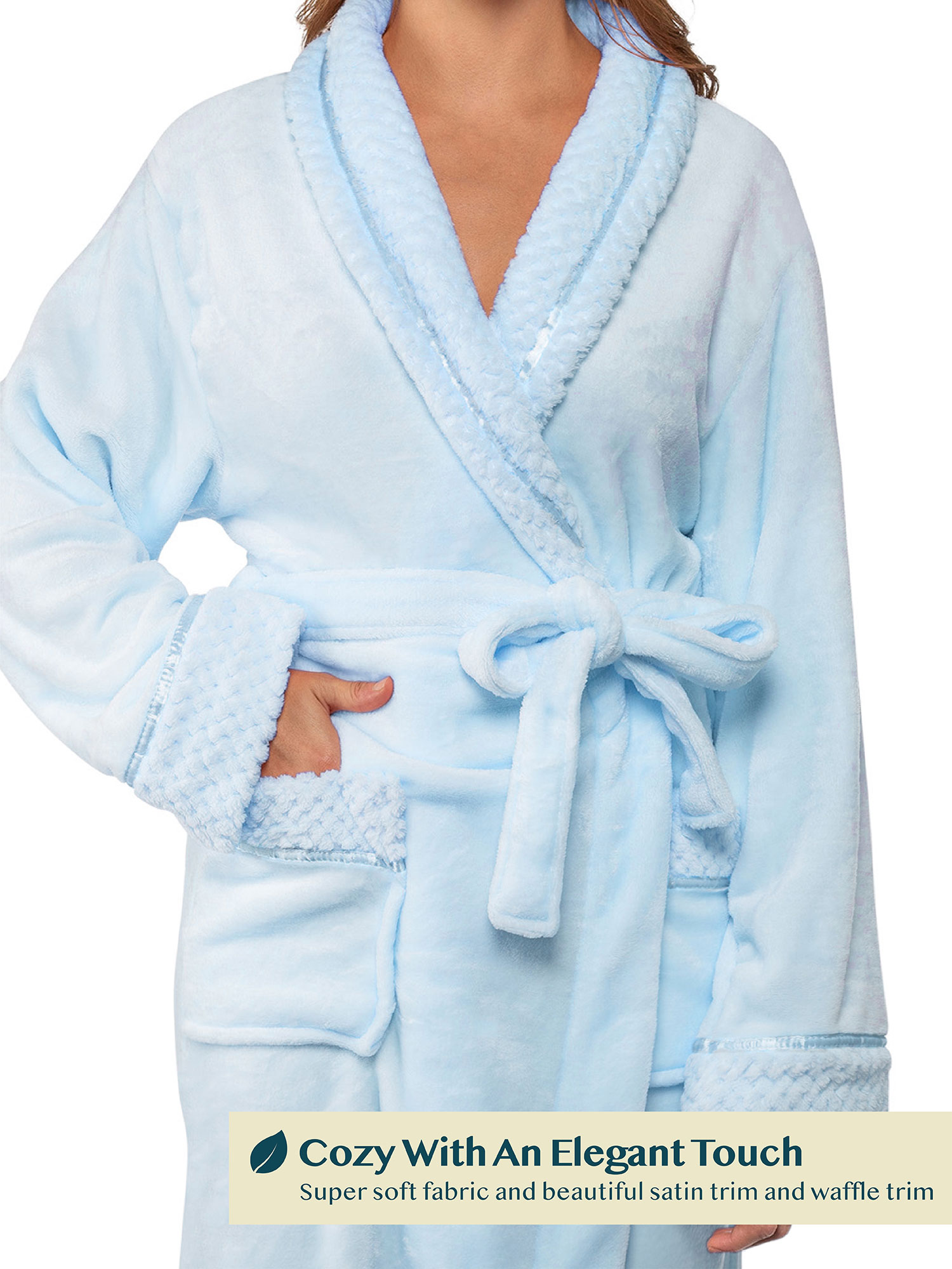 Womens Fleece Robe with Waffle Trim Plush Soft Warm Long Spa Night Bathrobe Lady