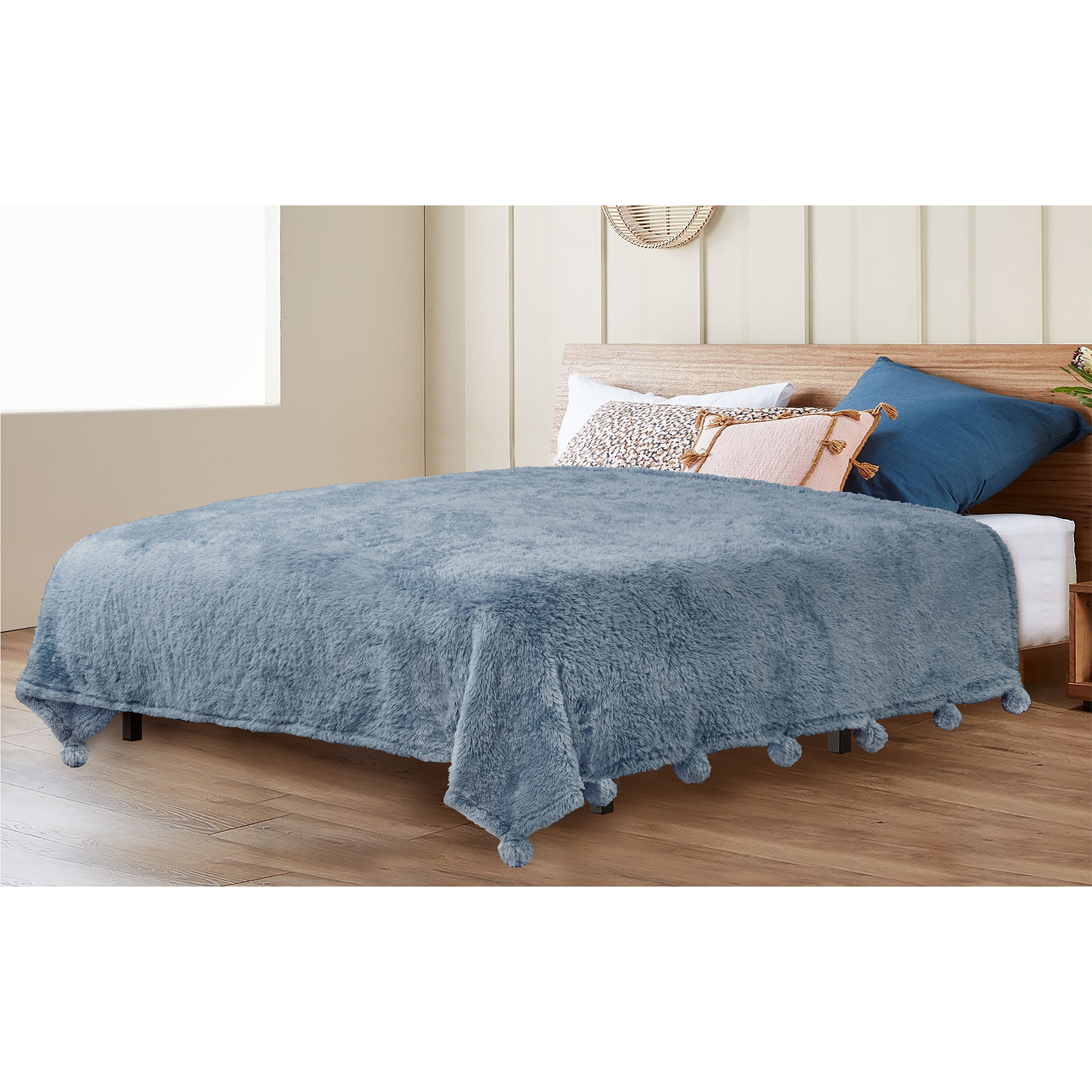 Soft Fuzzy Cozy Pom Pom Throw Blanket with Fluffy Sherpa Fleece for Sofa Couch - Picture 32 of 100