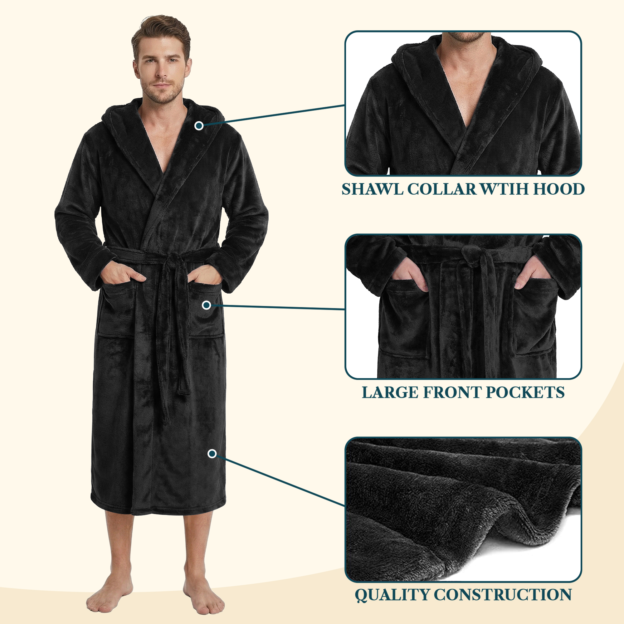 Mens Lightweight Robe Microfiber Fleece Bathrobe Long Soft Spa Bath Male Robe