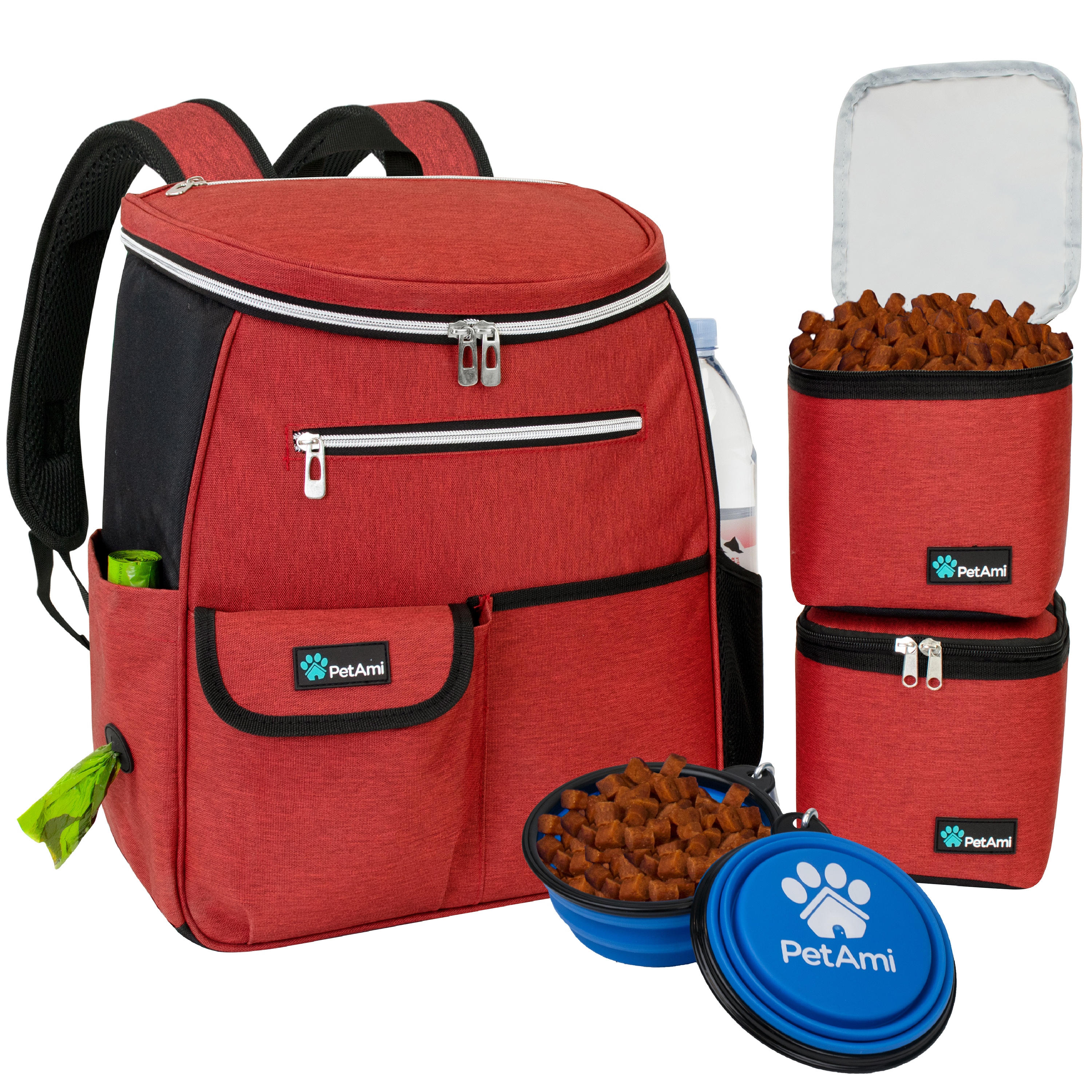 Dog Travel Bag Supply Backpack Traveling Organizer Set Pet Food Container Bowl