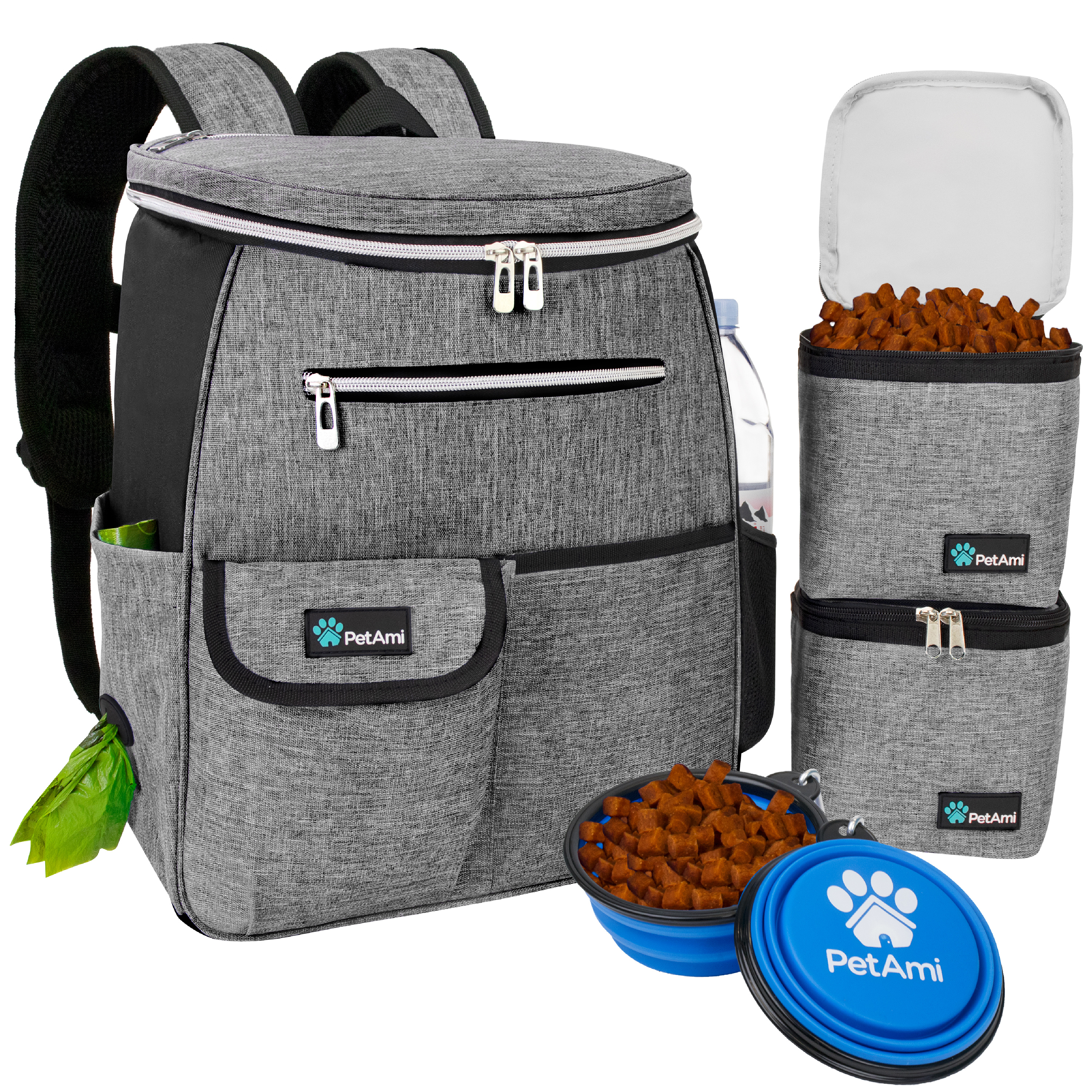 Dog Travel Bag Supply Backpack Traveling Organizer Set Pet Food Container Bowl