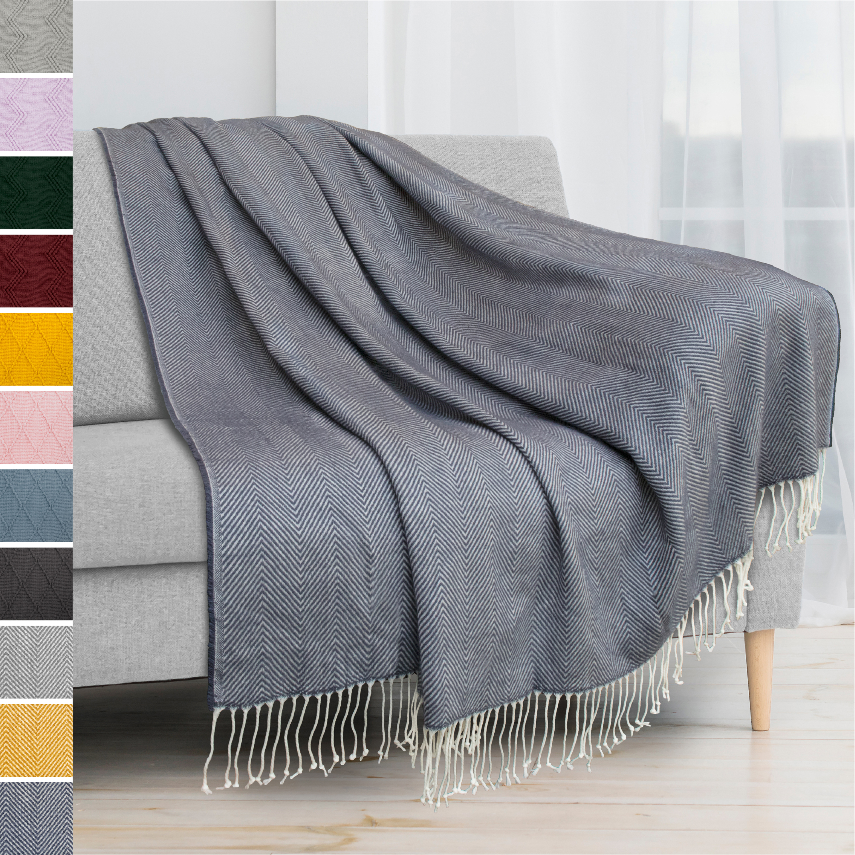 Herringbone Knitted Fringe Throw Blanket Decorative for Couch Sofa Lightweight - Picture 15 of 21