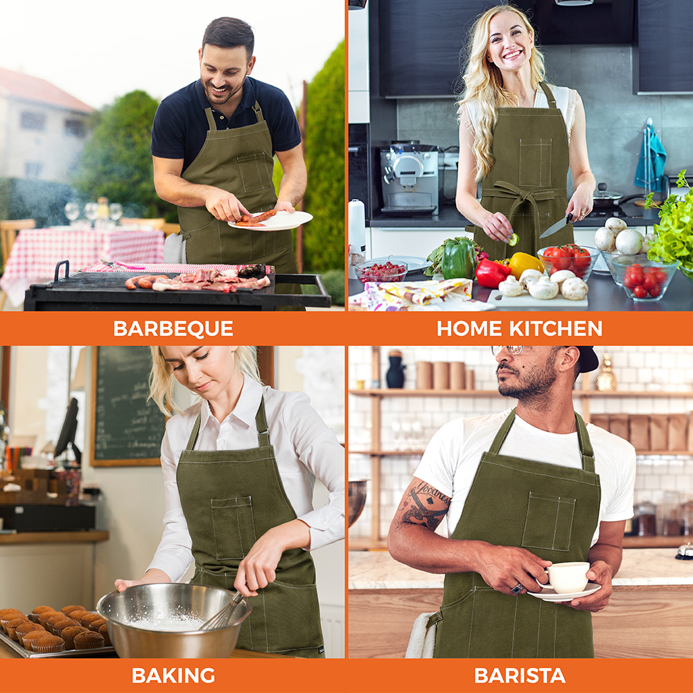 Chef Apron Men Women Cooking Baker Waiter Bib Canvas With Pockets Adjustable Tie - Picture 33 of 33