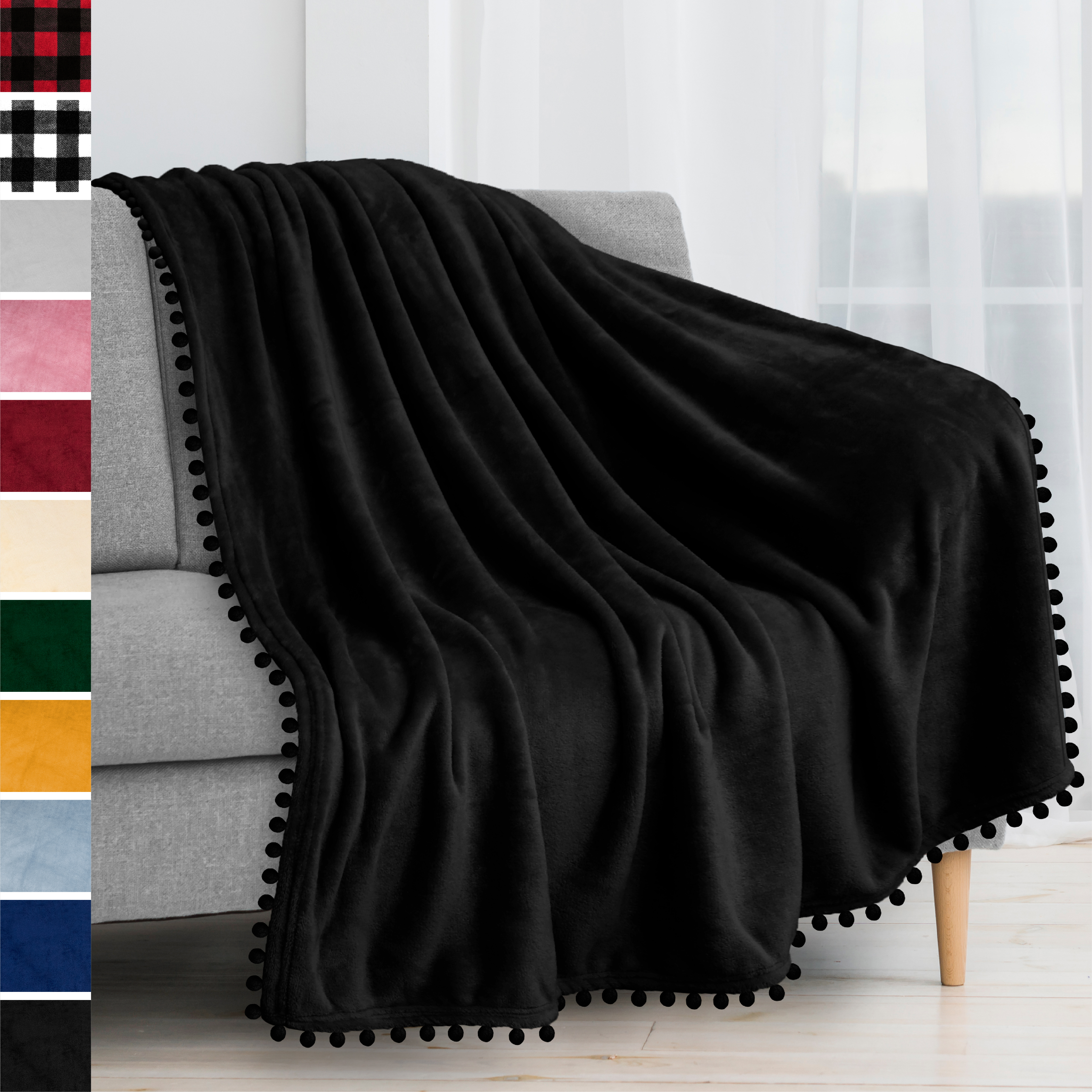 thumbnail 2 - Fleece Throw Blanket with Pom Pom Fringe Super Soft Lightweight Bed Couch Home