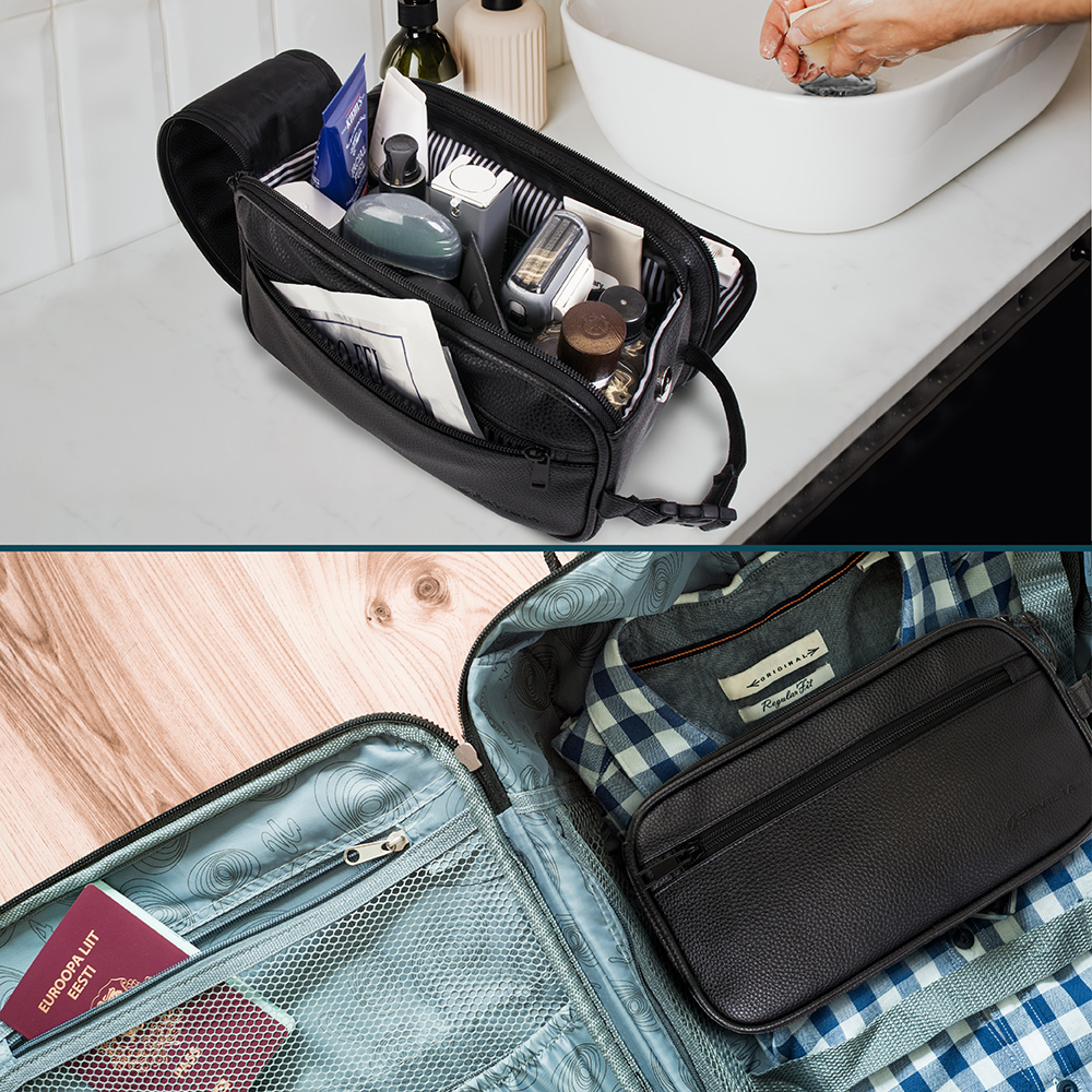 Mens Toiletry Bag with Zipper PU Leather Case Organizer Portable