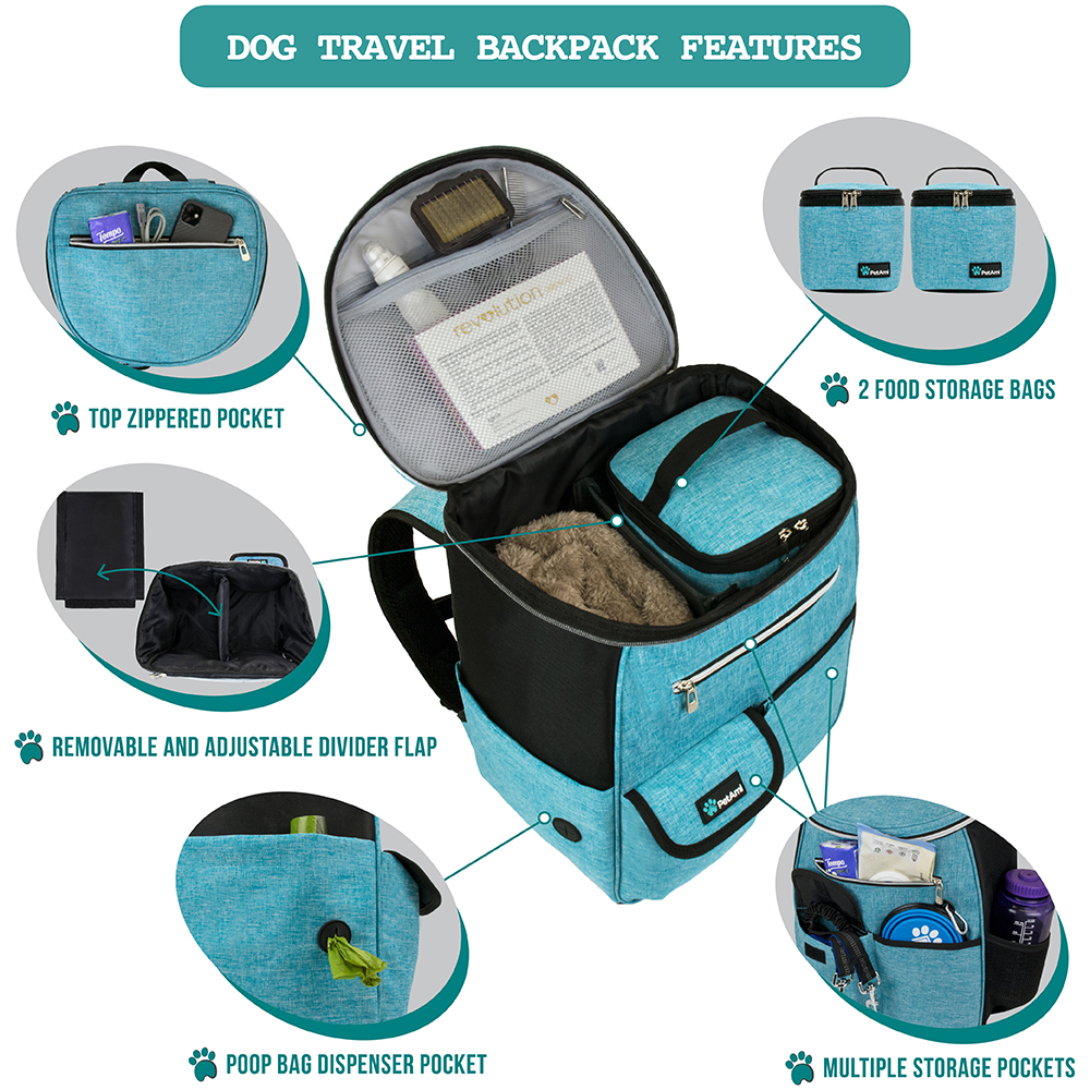 Dog Travel Bag Supply Backpack Traveling Organizer Set Pet Food Container Bowl