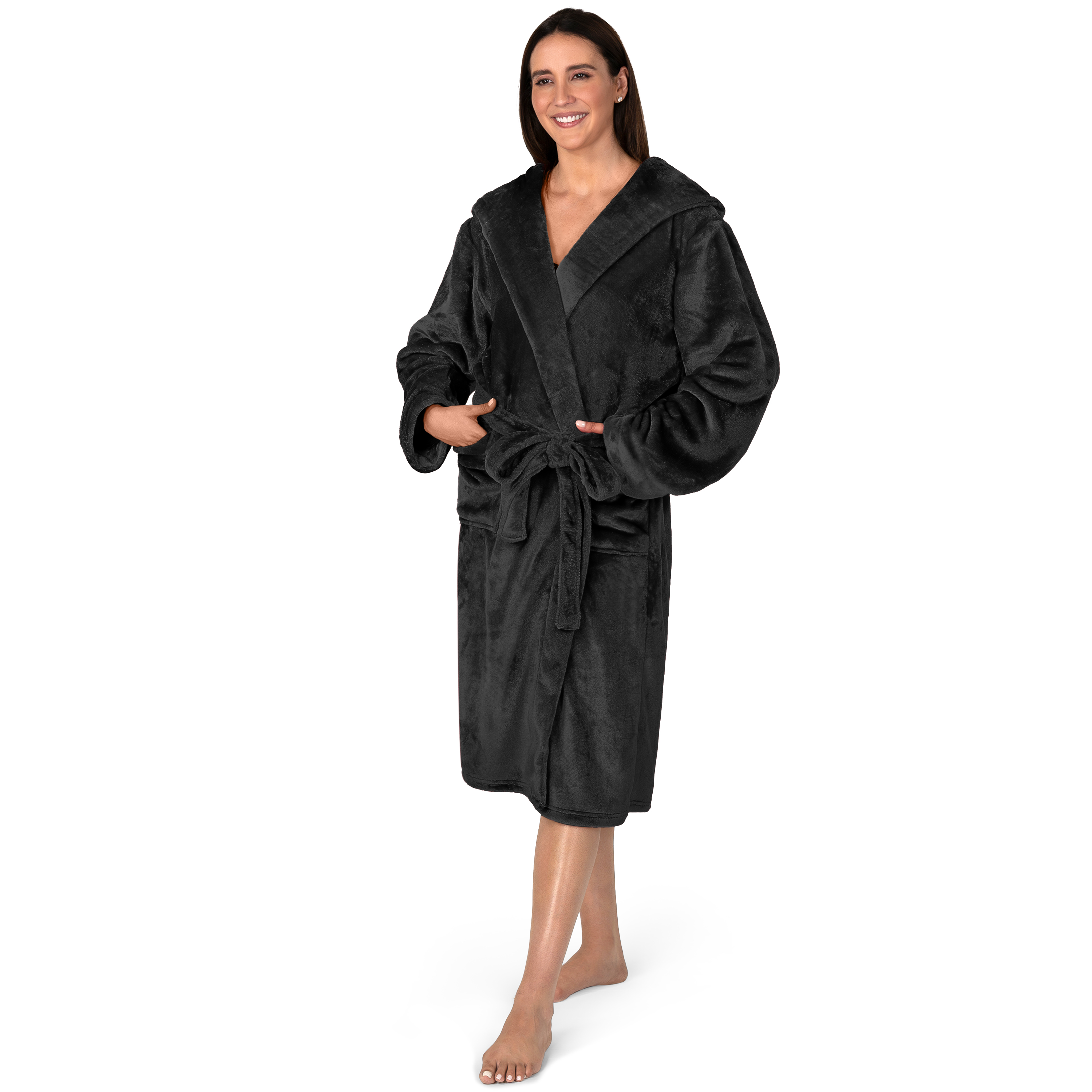 Womens Robe with Hood Fleece Plush Soft Long Hooded Robe Bathrobe for Spa Bath