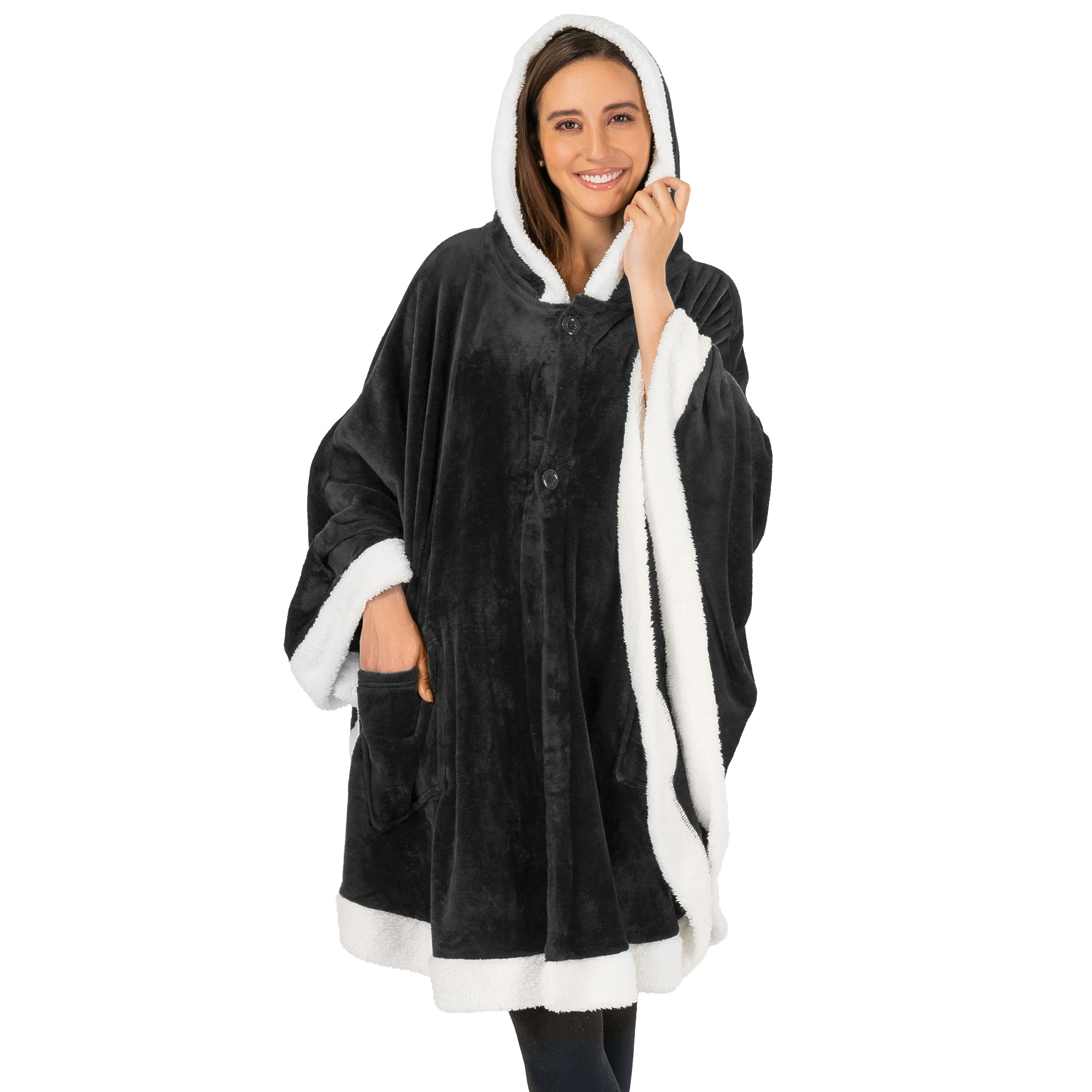 Wearable Blanket Women Poncho Wrap with Hood Pockets Fleece Throw Hoodie Shawl