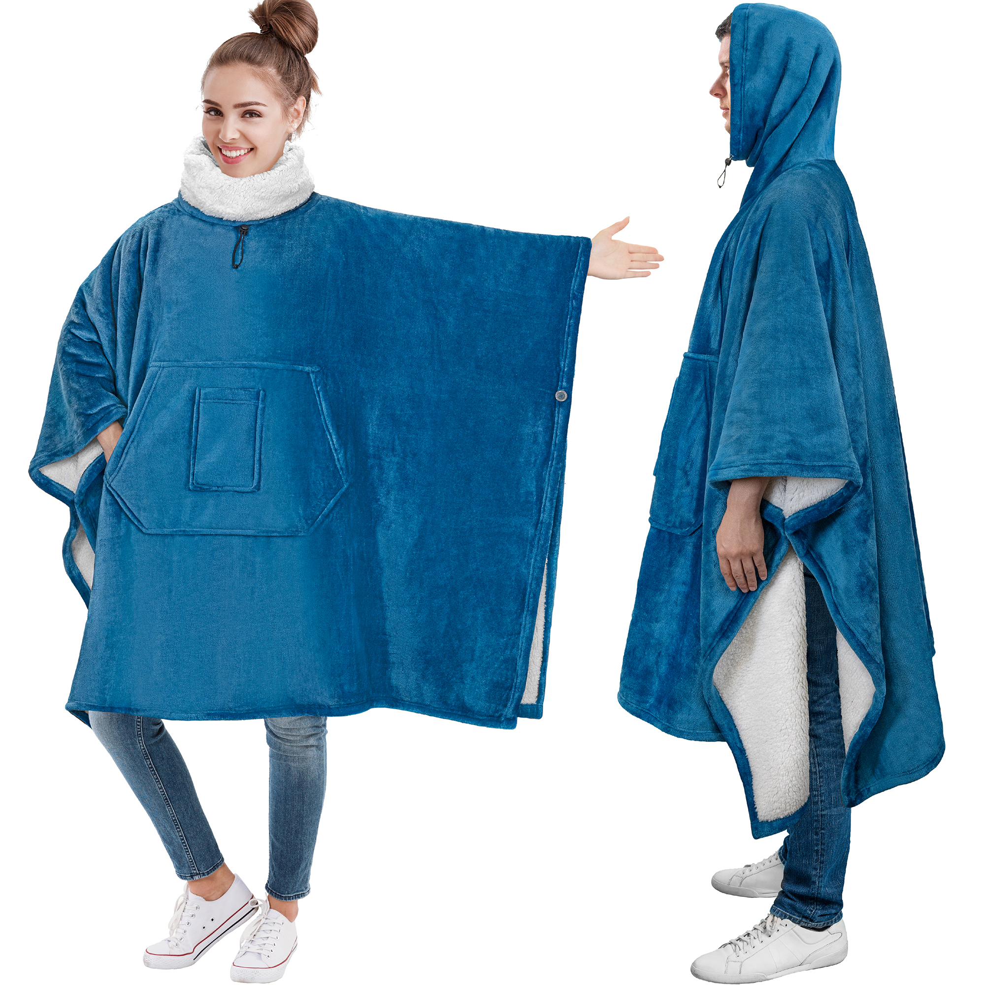 Oversized Wearable Blanket Hoodie Poncho Blanket Warm Sherpa Hooded Giant  Pocket | eBay